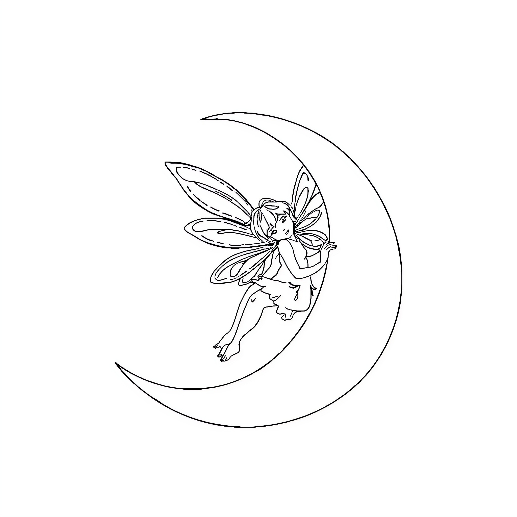 Fairy resting on a crescent moon Coloring Page (free black-and-white line drawing printable PDF for all, from beginners to advanced learners, including children, teens, adults, and seniors)