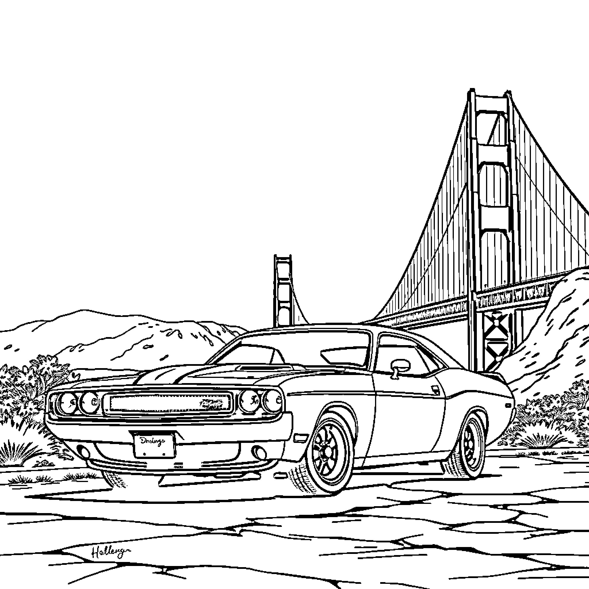 Dodge Challenger in scenic landscape with bridge Coloring Page (free black-and-white line drawing printable PDF for all, from beginners to advanced learners, including children, teens, adults, and seniors)