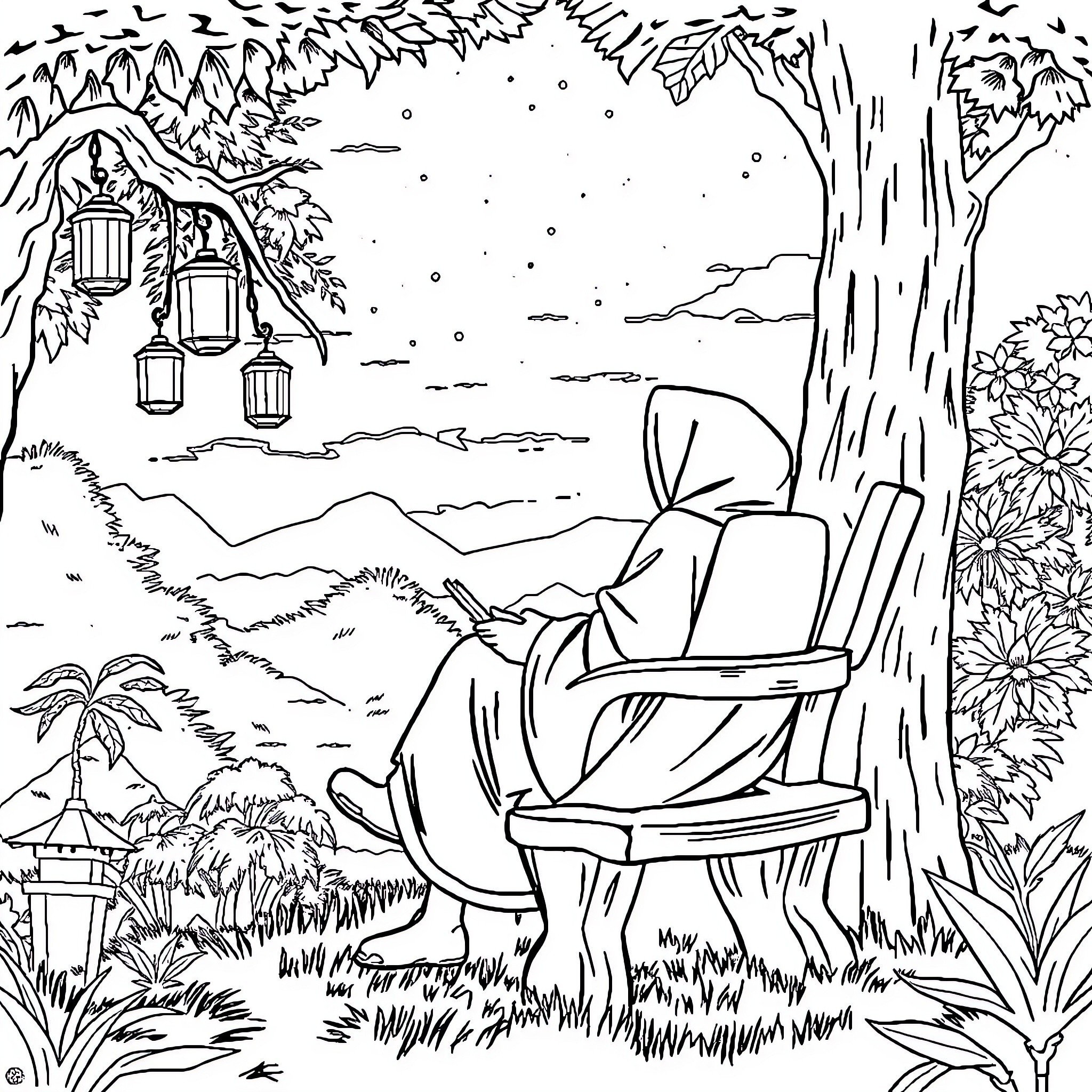 Pemuda relaxing peacefully in nature Coloring Page (free black-and-white line drawing printable PDF for all, from beginners to advanced learners, including children, teens, adults, and seniors)