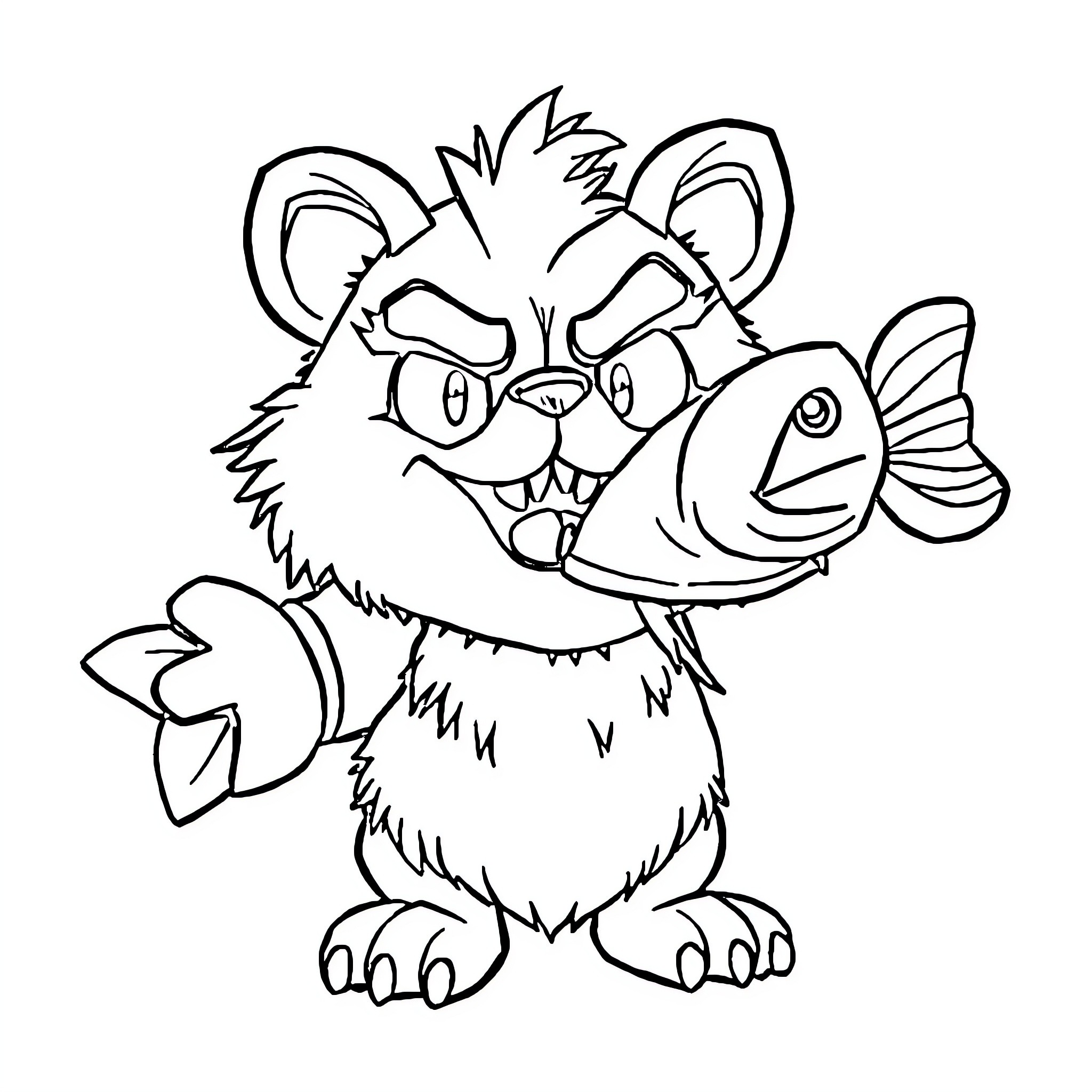 Mascot animal with fish friend in an animated style Coloring Page (free black-and-white line drawing printable PDF for all, from beginners to advanced learners, including children, teens, adults, and seniors)