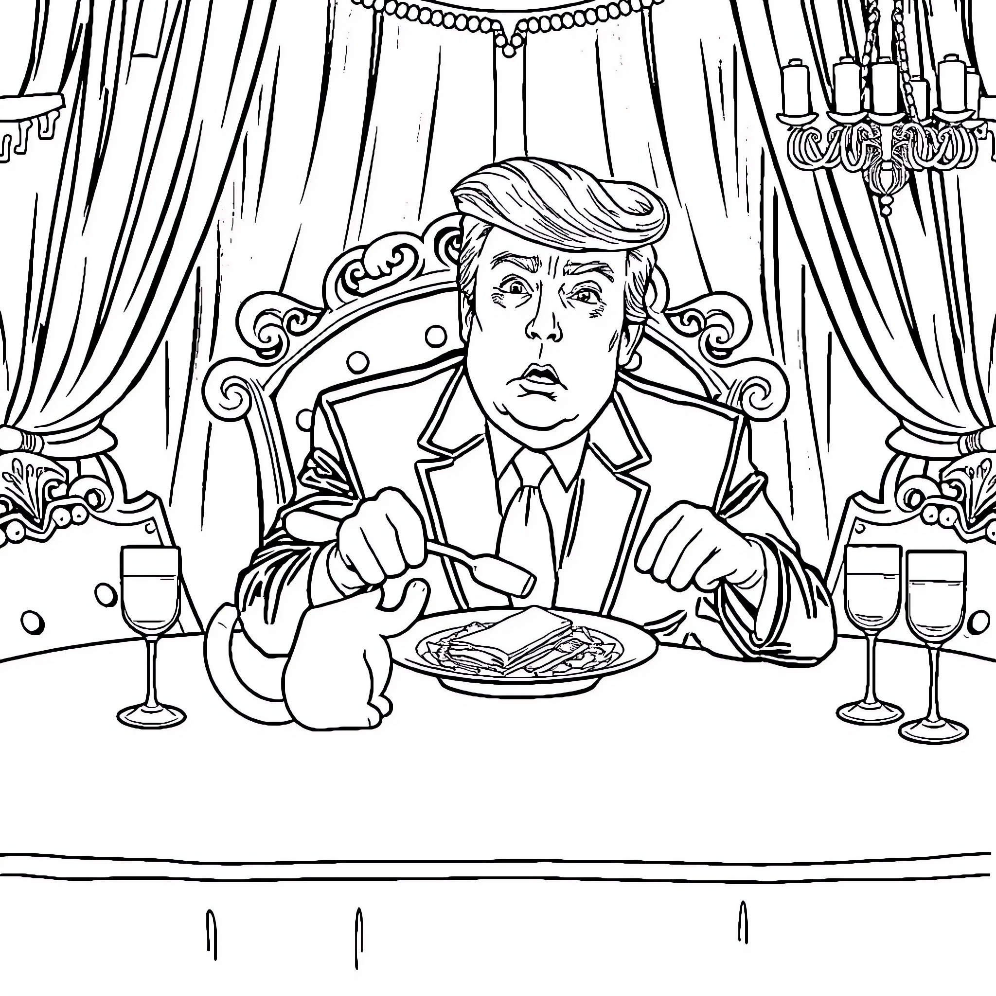 Donald Trump Eating a Fancy Meal in a Lavish Setting Coloring Page (free black-and-white line drawing printable PDF for all, from beginners to advanced learners, including children, teens, adults, and seniors)