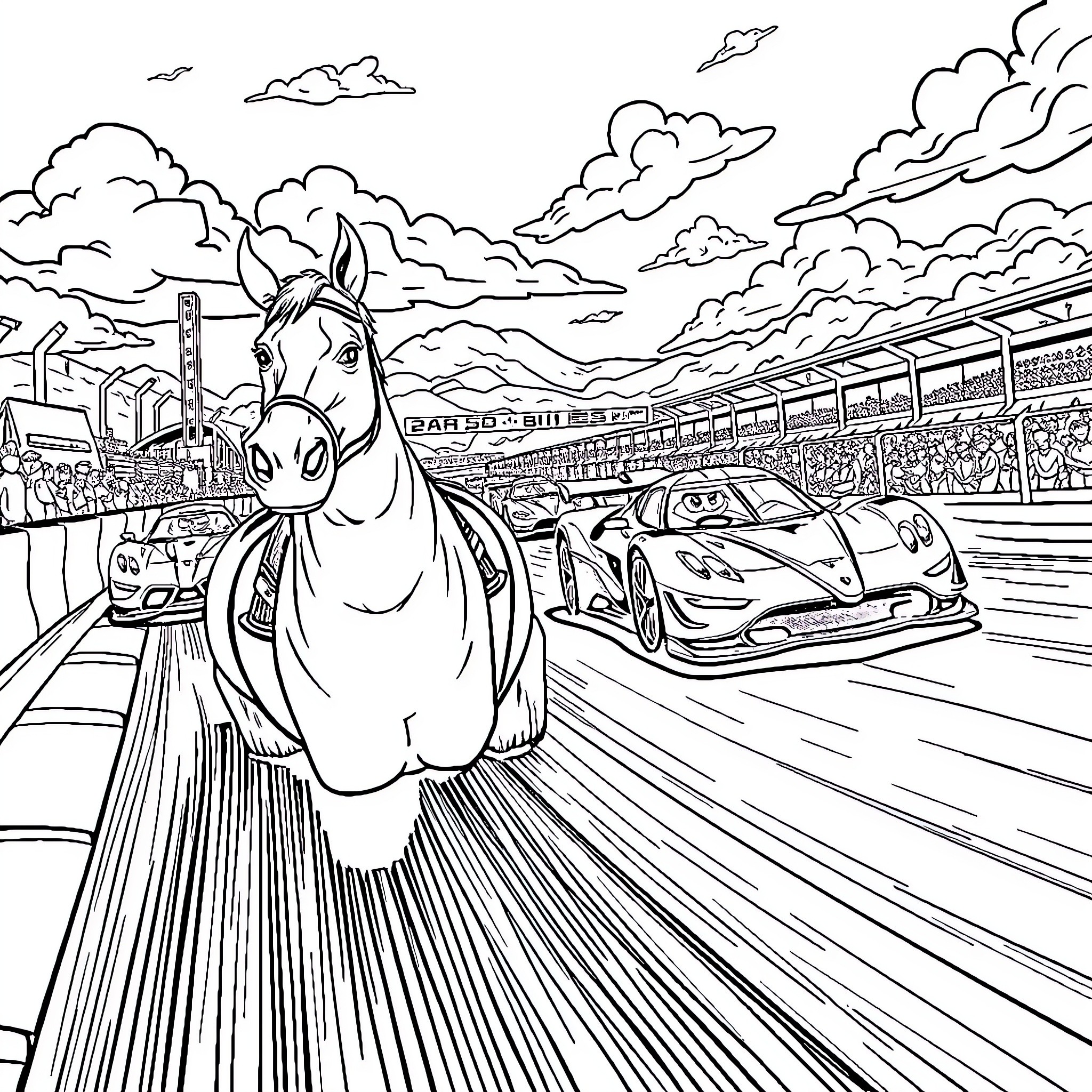 Car Racing with Horse on Racetrack Coloring Page (free black-and-white line drawing printable PDF for all, from beginners to advanced learners, including children, teens, adults, and seniors)