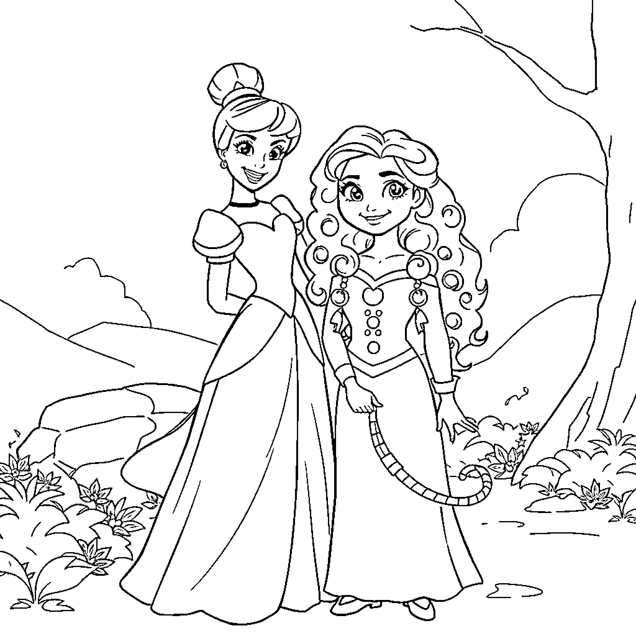 Cinderella and her friend in a fantasy landscape Coloring Page (free black-and-white line drawing printable PDF for all, from beginners to advanced learners, including children, teens, adults, and seniors)