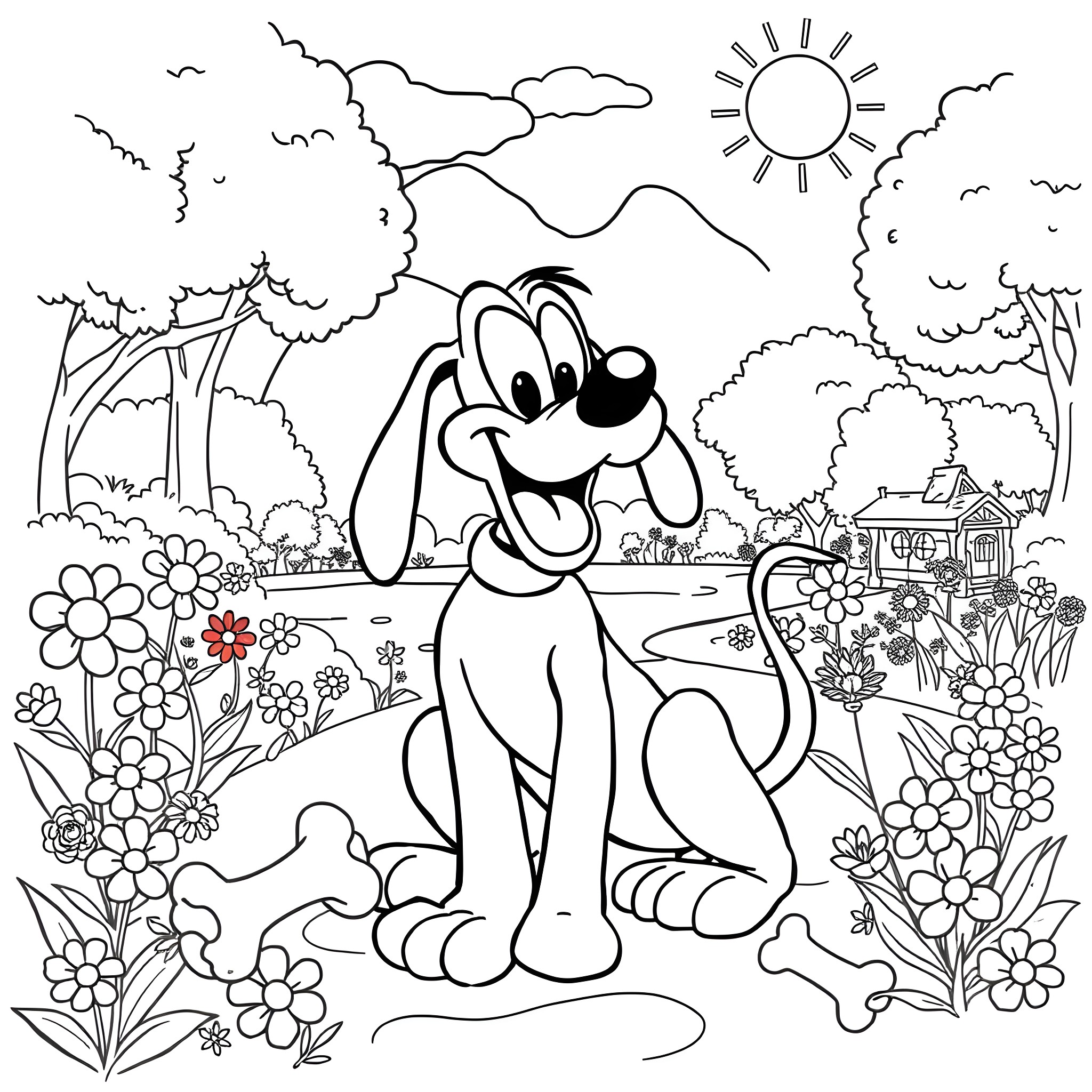 Pluto enjoying a sunny day in the park Coloring Page (free black-and-white line drawing printable PDF for all, from beginners to advanced learners, including children, teens, adults, and seniors)