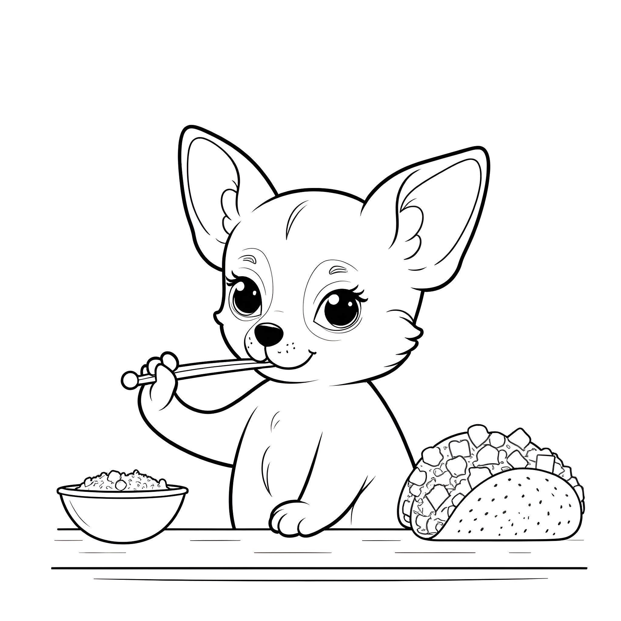 Chihuahua enjoying a tasty snack Coloring Page (free black-and-white line drawing printable PDF for all, from beginners to advanced learners, including children, teens, adults, and seniors)