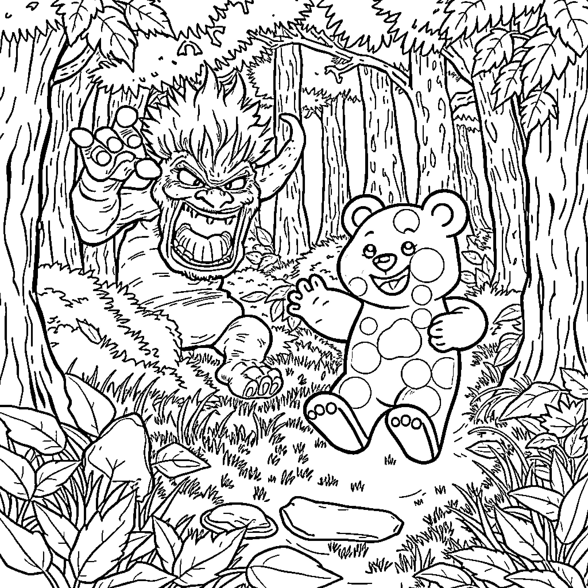 Gummy Bears Exploring the Enchanted Forest Coloring Page (free black-and-white line drawing printable PDF for all, from beginners to advanced learners, including children, teens, adults, and seniors)