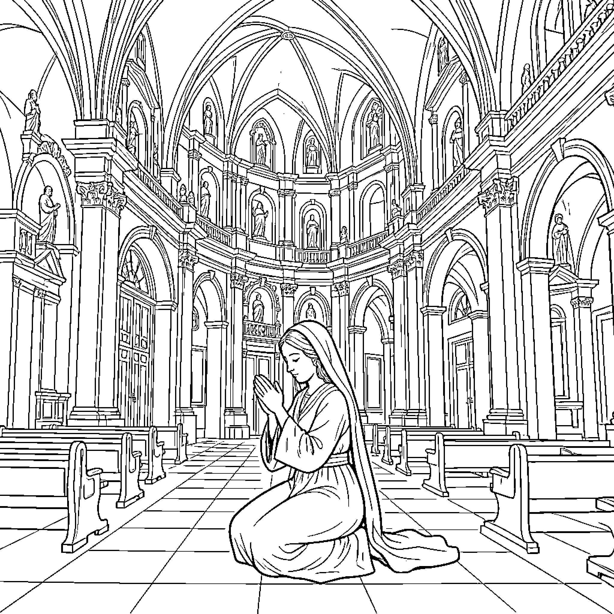 Santa Rosa de Lima praying inside a grand cathedral Coloring Page (free black-and-white line drawing printable PDF for all, from beginners to advanced learners, including children, teens, adults, and seniors)