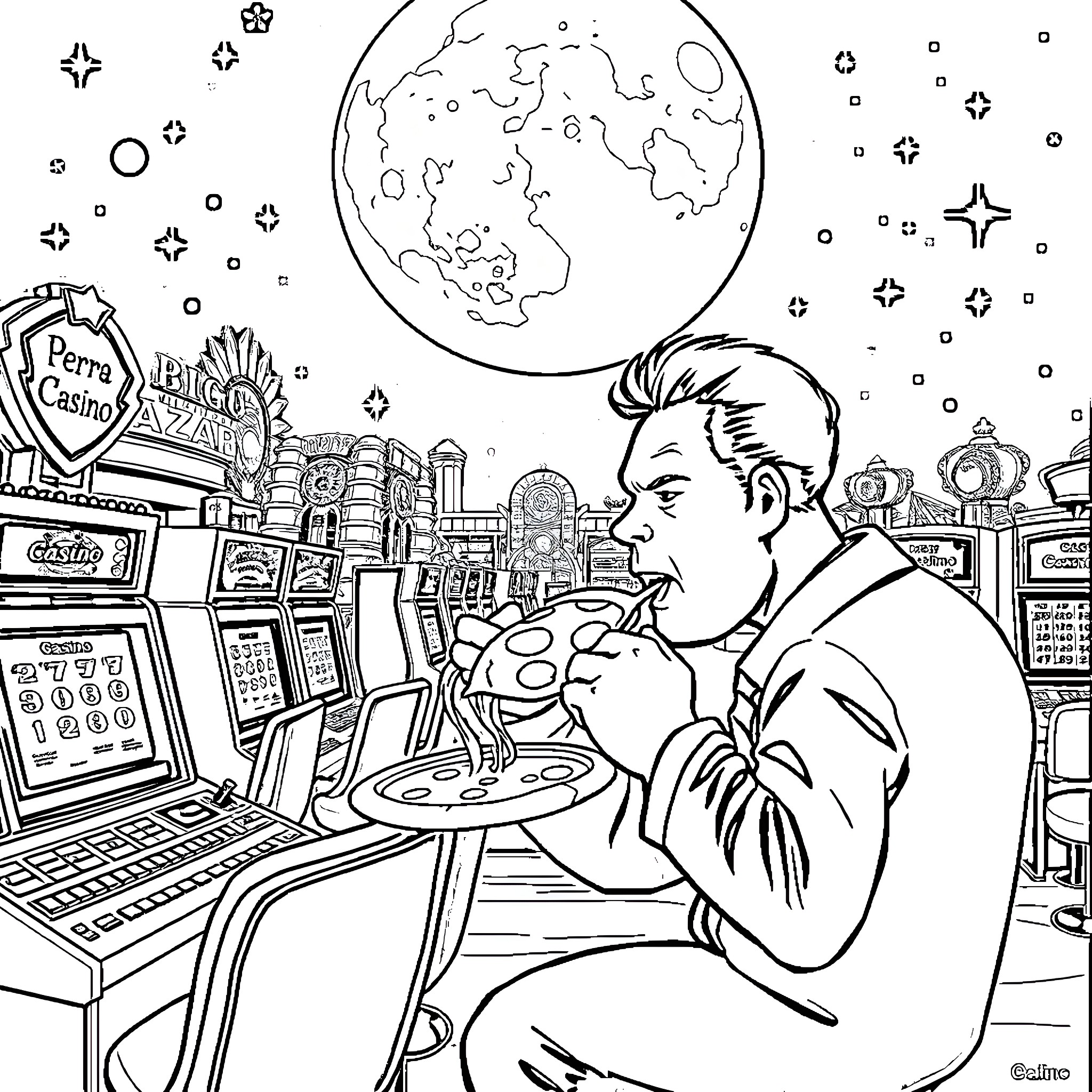 Pizza Guy Playing Arcade Games in Neon-Lit Casino Coloring Page (free black-and-white line drawing printable PDF for all, from beginners to advanced learners, including children, teens, adults, and seniors)