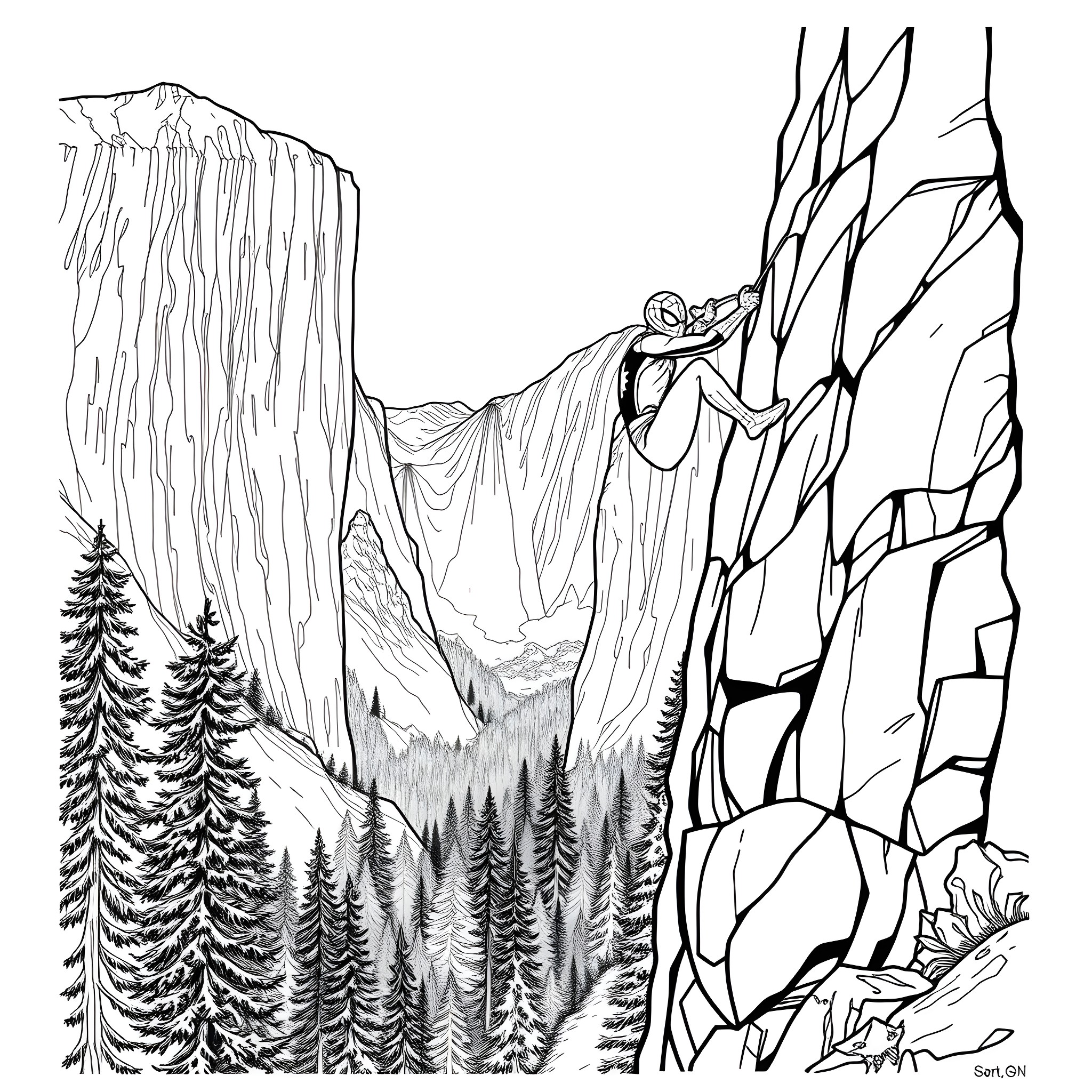 Spiderman scaling a majestic mountain cliff Coloring Page (free black-and-white line drawing printable PDF for all, from beginners to advanced learners, including children, teens, adults, and seniors)