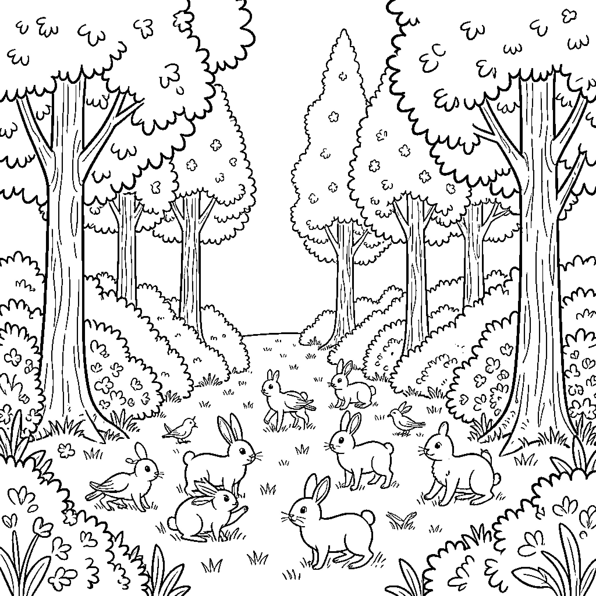 Nature's Enchanting Woodland with Playful Rabbits Coloring Page (free black-and-white line drawing printable PDF for all, from beginners to advanced learners, including children, teens, adults, and seniors)