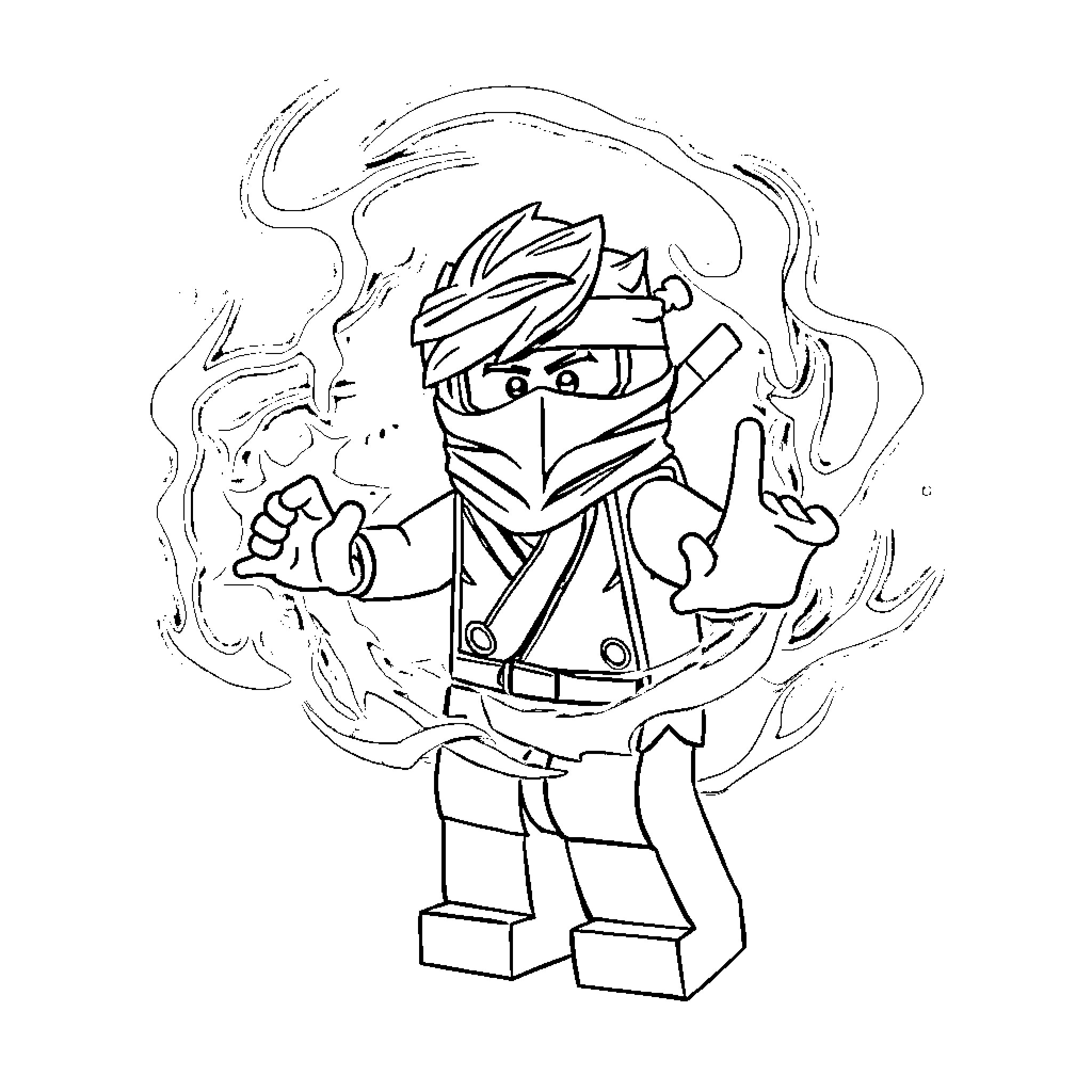Lloyd in ninja warrior outfit fighting with energy Coloring Page (free black-and-white line drawing printable PDF for all, from beginners to advanced learners, including children, teens, adults, and seniors)