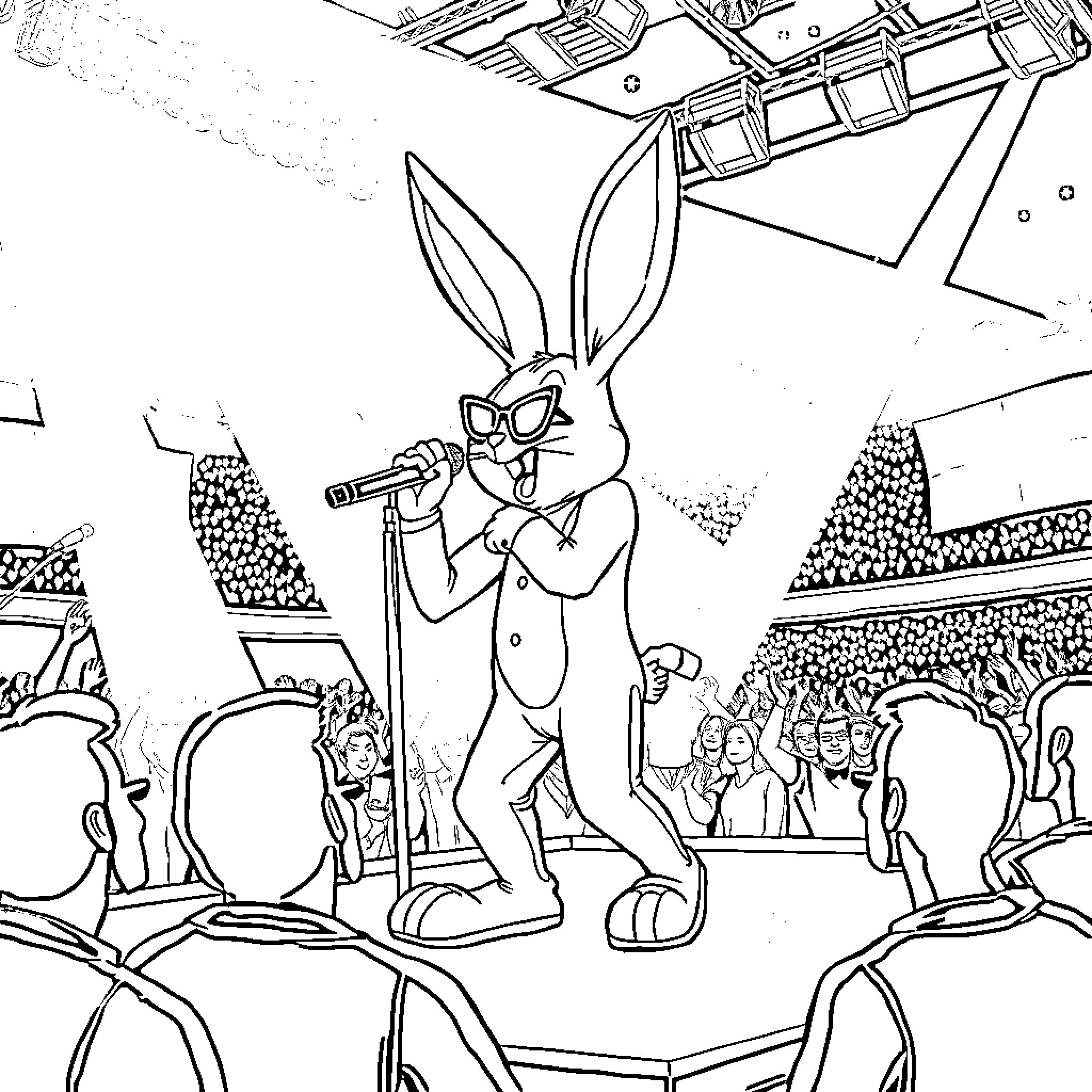 Bad Bunny's Animated Concert Performance Coloring Page (free black-and-white line drawing printable PDF for all, from beginners to advanced learners, including children, teens, adults, and seniors)