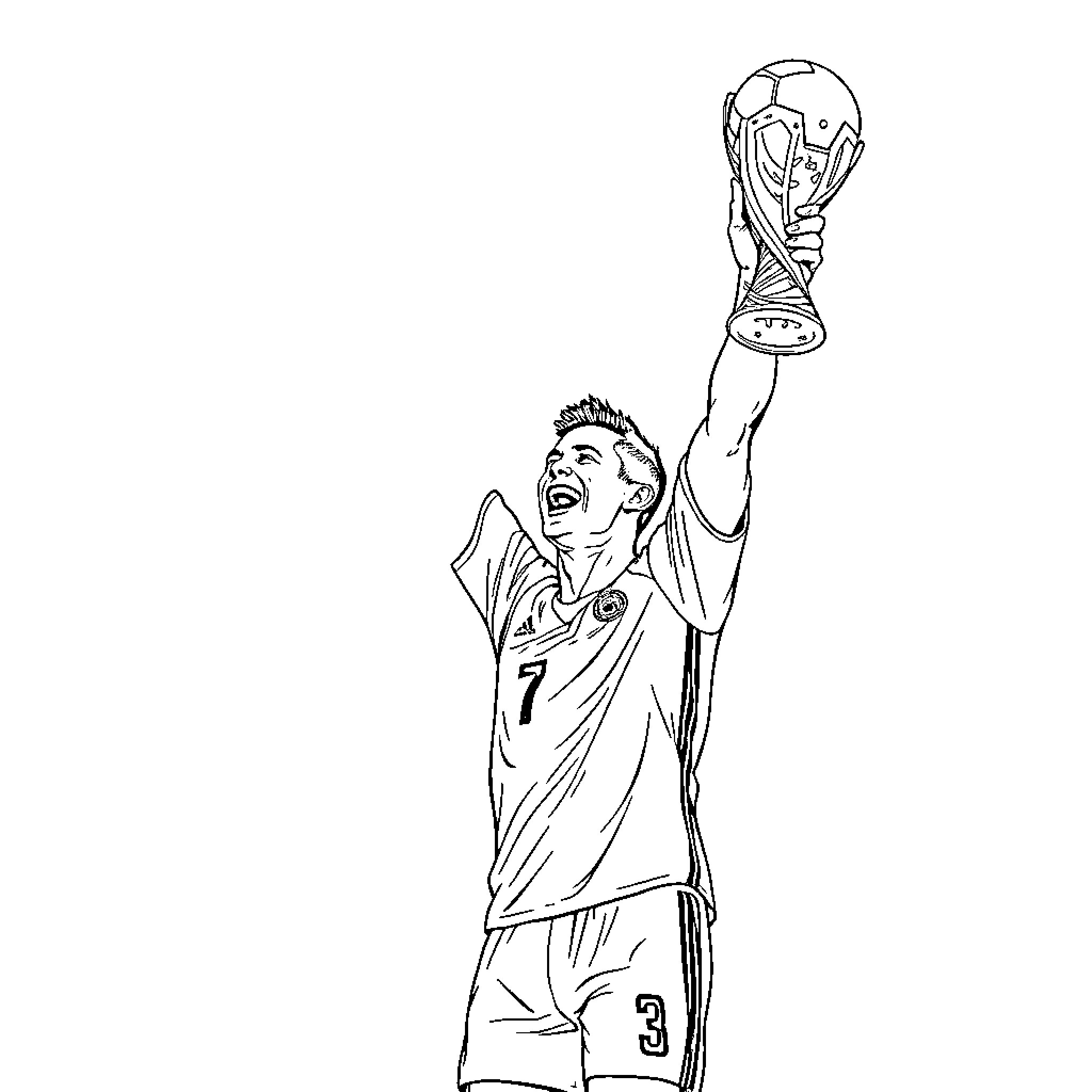 Cristiano Ronaldo celebrating with World Cup trophy Coloring Page (free black-and-white line drawing printable PDF for all, from beginners to advanced learners, including children, teens, adults, and seniors)