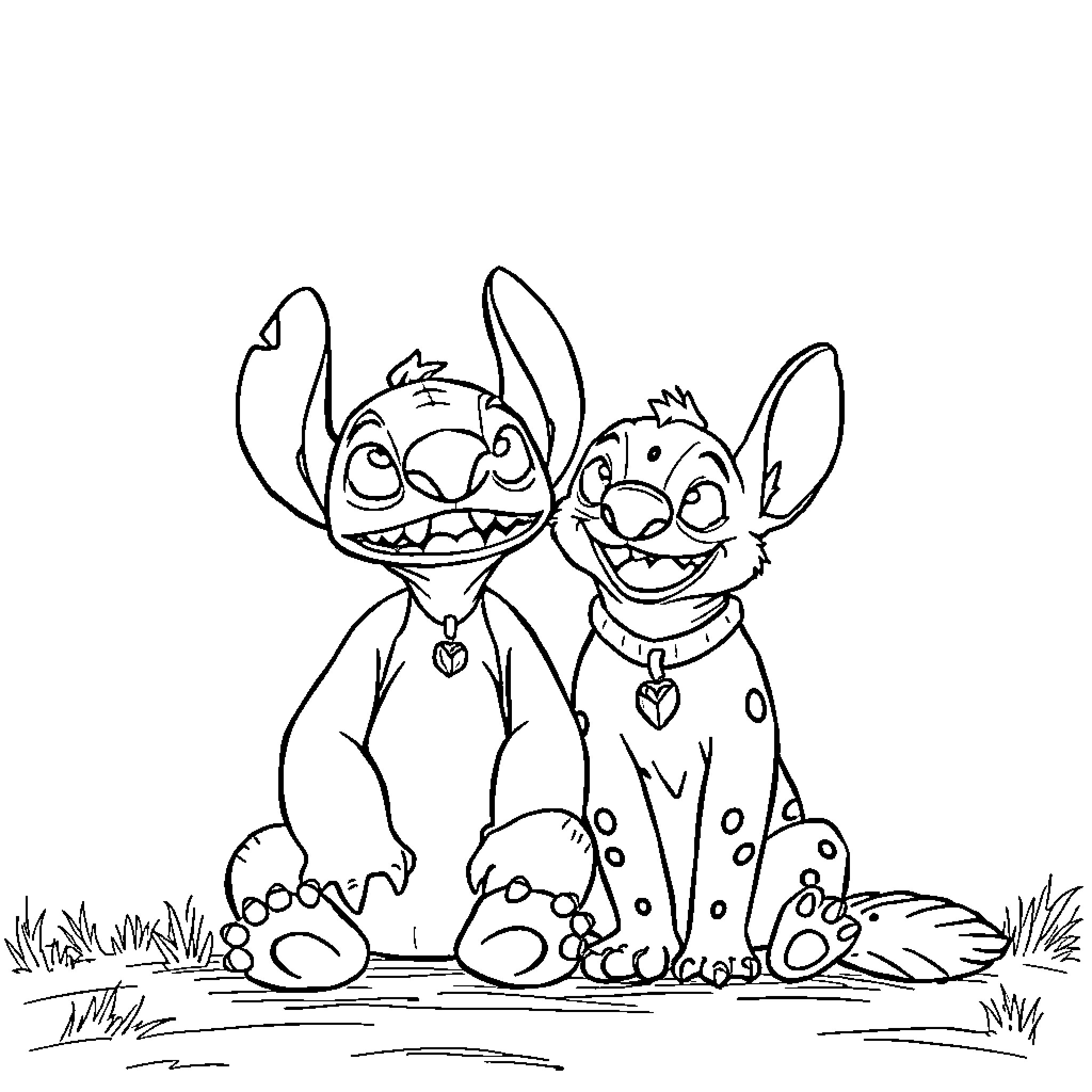 Stitch and Scrump playfully sitting together Coloring Page (free black-and-white line drawing printable PDF for all, from beginners to advanced learners, including children, teens, adults, and seniors)