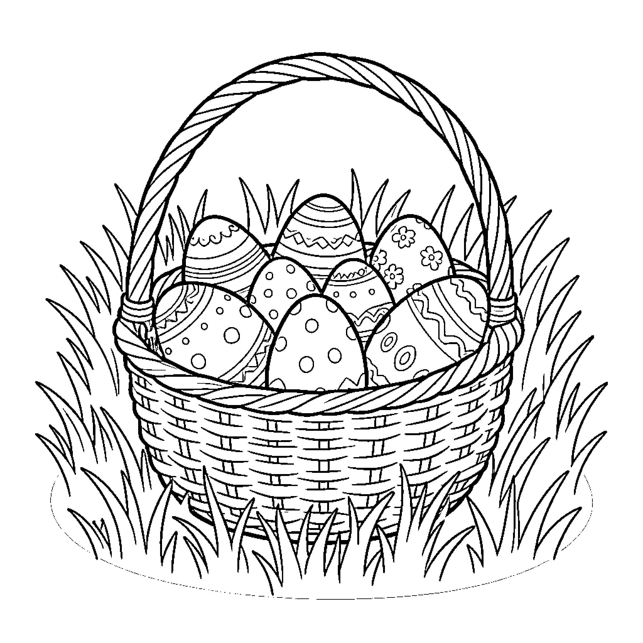 Easter Egg Hunt Basket of Decorated Eggs Coloring Page (free black-and-white line drawing printable PDF for all, from beginners to advanced learners, including children, teens, adults, and seniors)