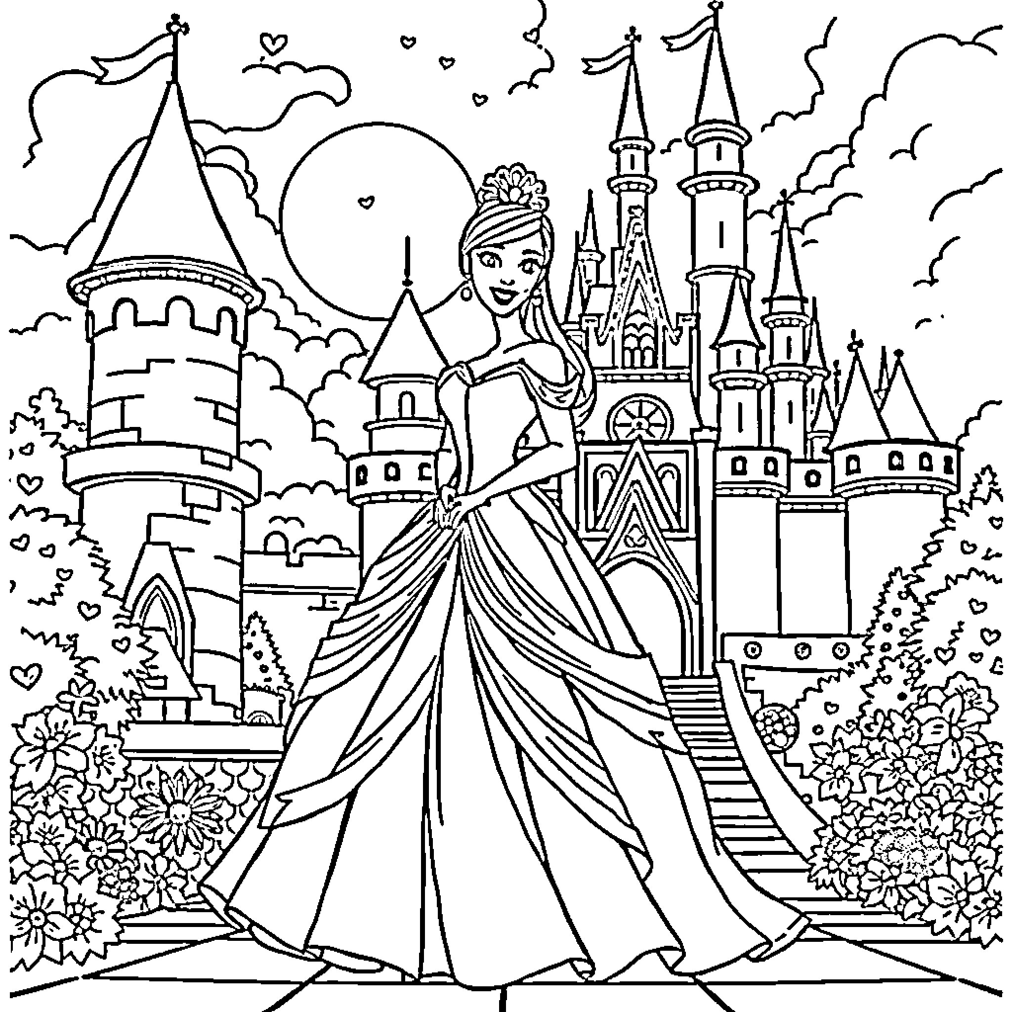 Princess in a Magical Castle Scene Coloring Page (free black-and-white line drawing printable PDF for all, from beginners to advanced learners, including children, teens, adults, and seniors)