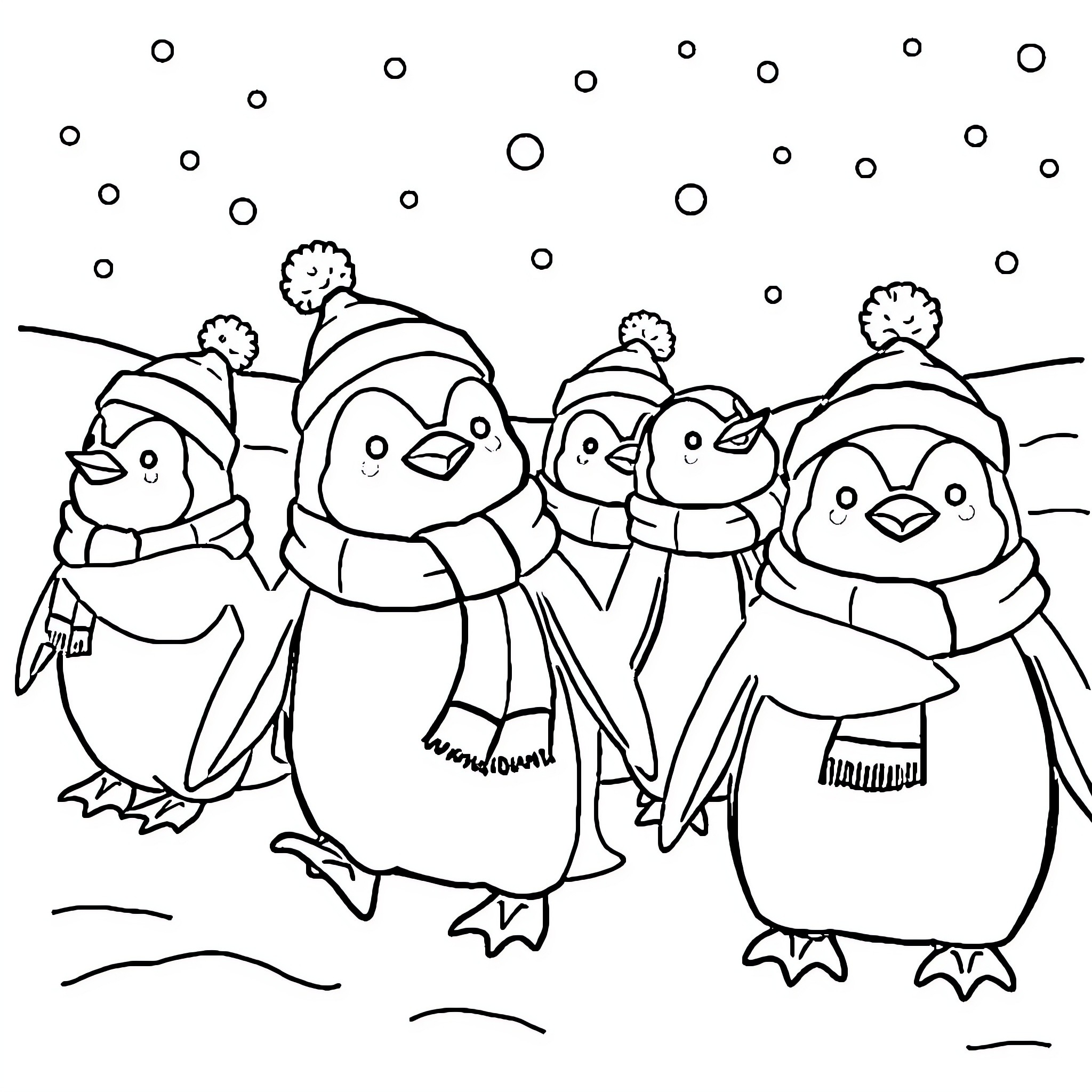 Penguins playing happily in the snow Coloring Page (free black-and-white line drawing printable PDF for all, from beginners to advanced learners, including children, teens, adults, and seniors)