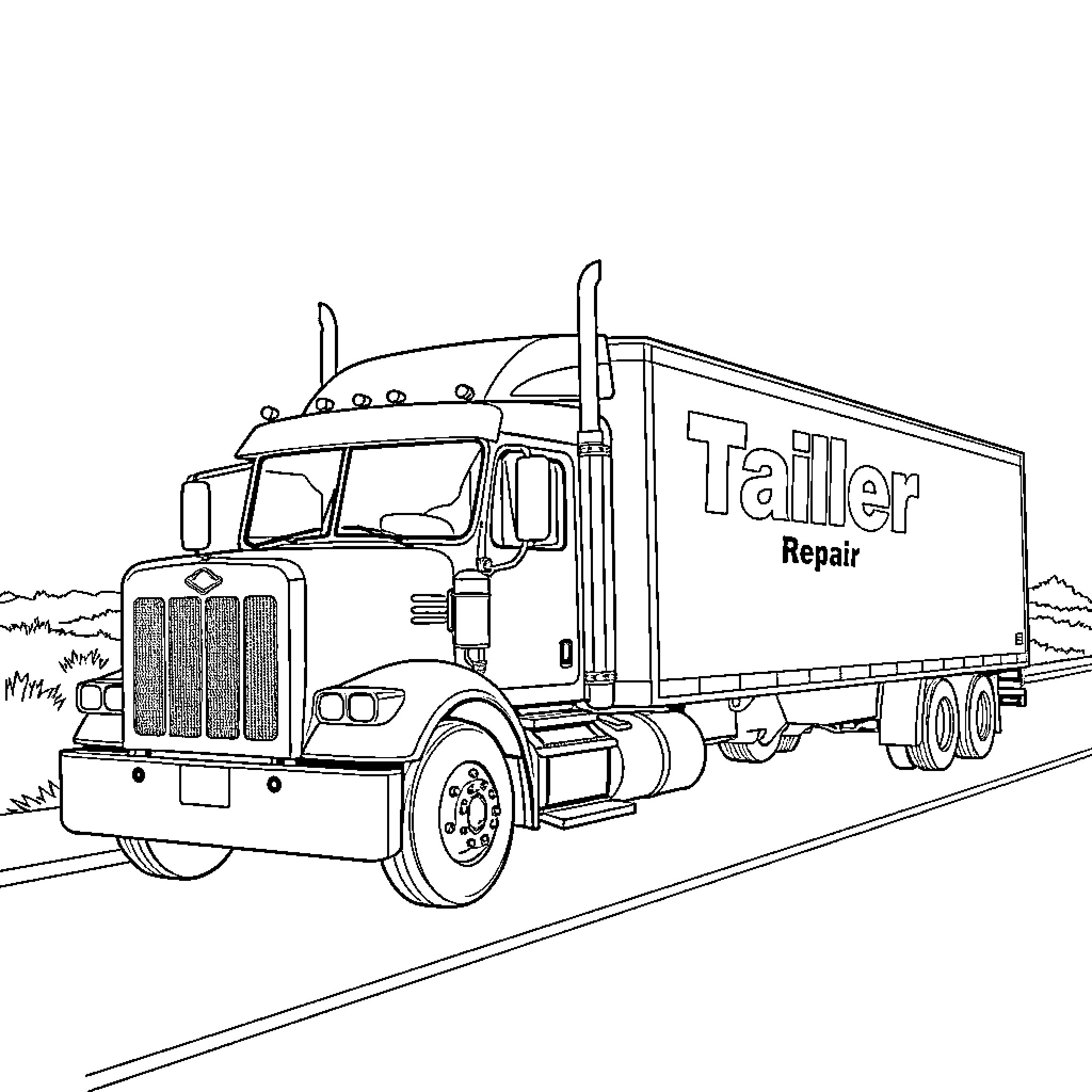 Semi Trailer Repair Truck on the Road Coloring Page (free black-and-white line drawing printable PDF for all, from beginners to advanced learners, including children, teens, adults, and seniors)