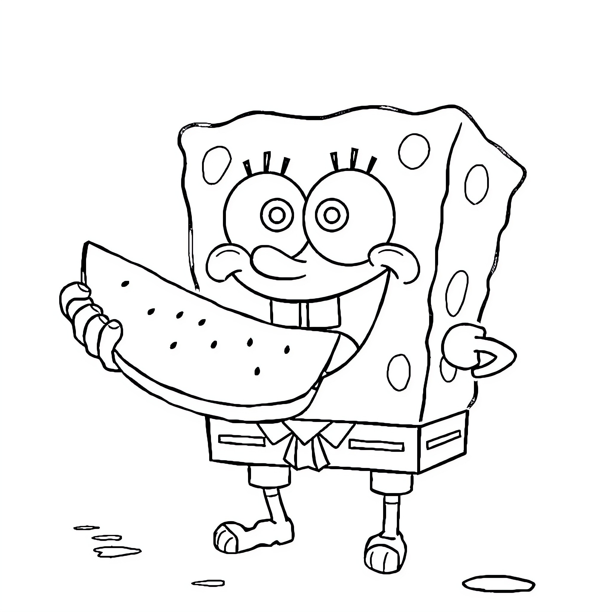 Spongebob eating a watermelon Coloring Page (free black-and-white line drawing printable PDF for all, from beginners to advanced learners, including children, teens, adults, and seniors)