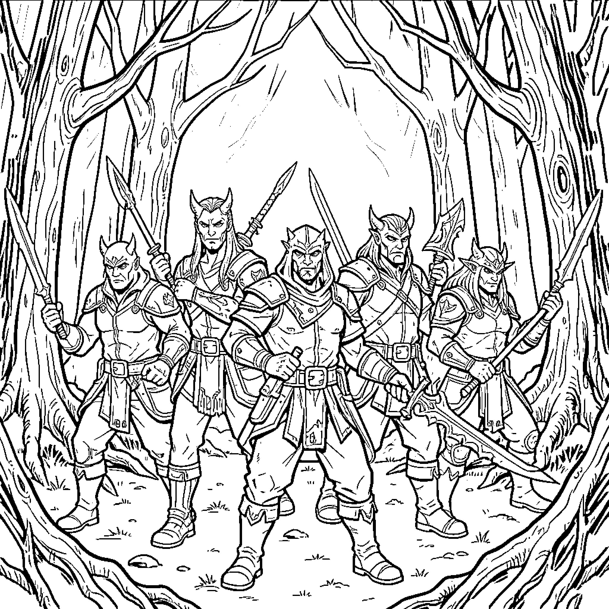 Demon Hunter Warrior Group Journeying Through the Forest Coloring Page (free black-and-white line drawing printable PDF for all, from beginners to advanced learners, including children, teens, adults, and seniors)