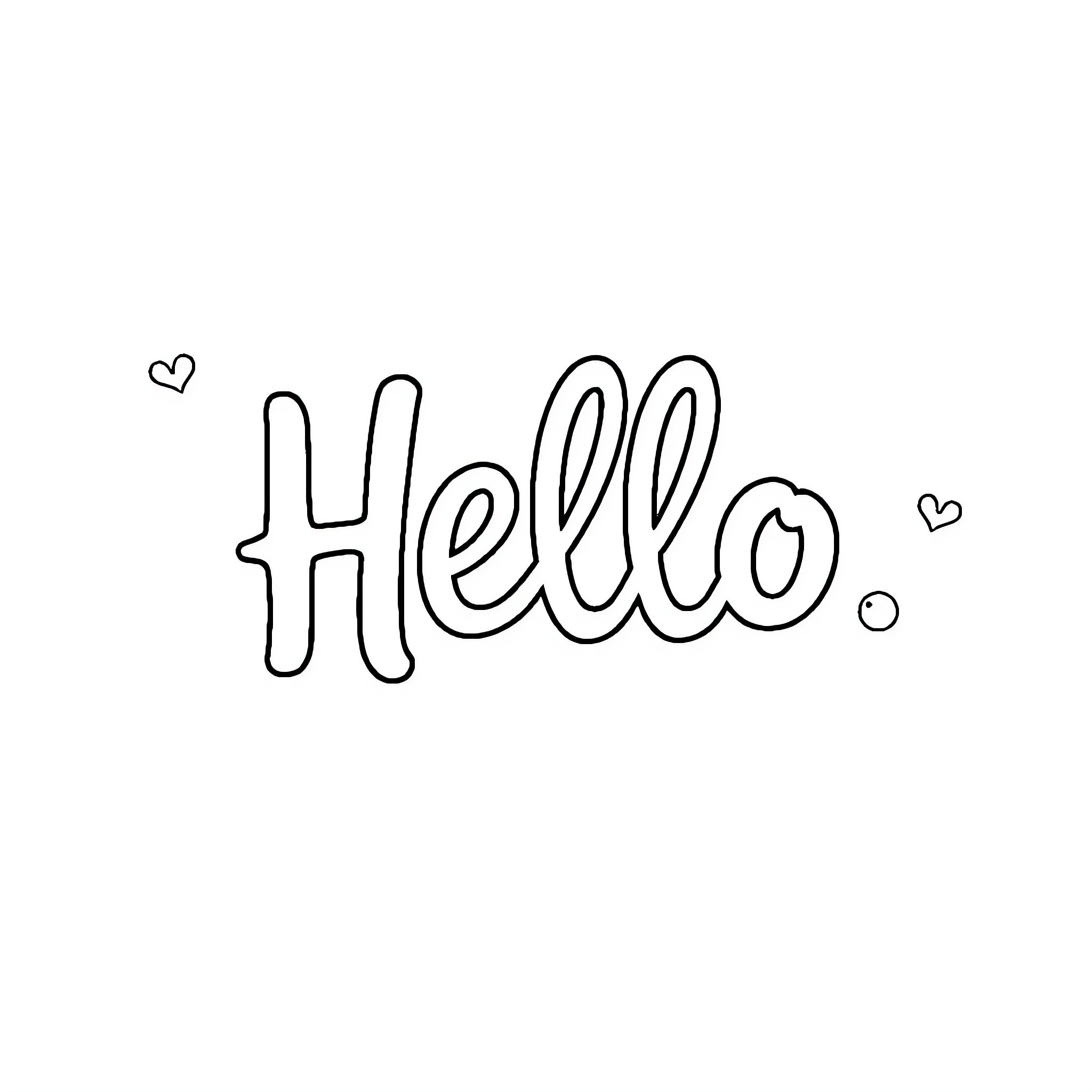 Hello with Playful Hearts Coloring Page (free black-and-white line drawing printable PDF for all, from beginners to advanced learners, including children, teens, adults, and seniors)