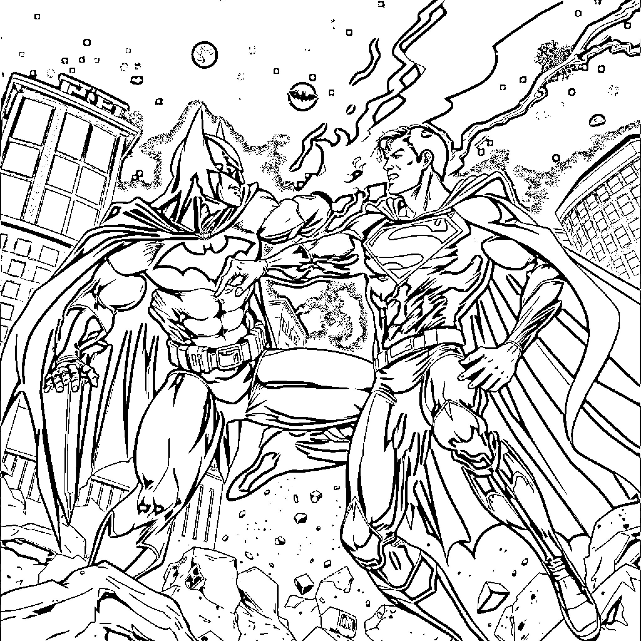 Batman and Superman fighting in the city Coloring Page (free black-and-white line drawing printable PDF for all, from beginners to advanced learners, including children, teens, adults, and seniors)