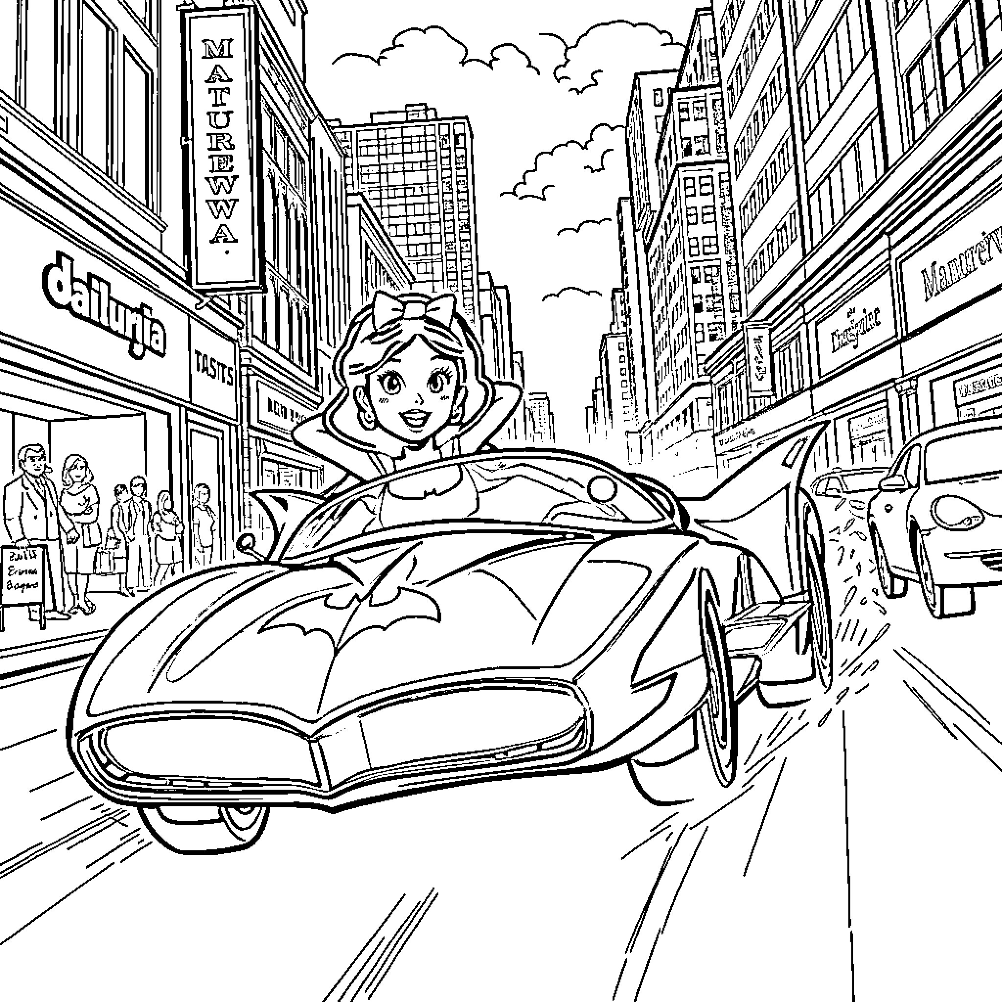 Snow White's Exciting City Adventure Coloring Page (free black-and-white line drawing printable PDF for all, from beginners to advanced learners, including children, teens, adults, and seniors)