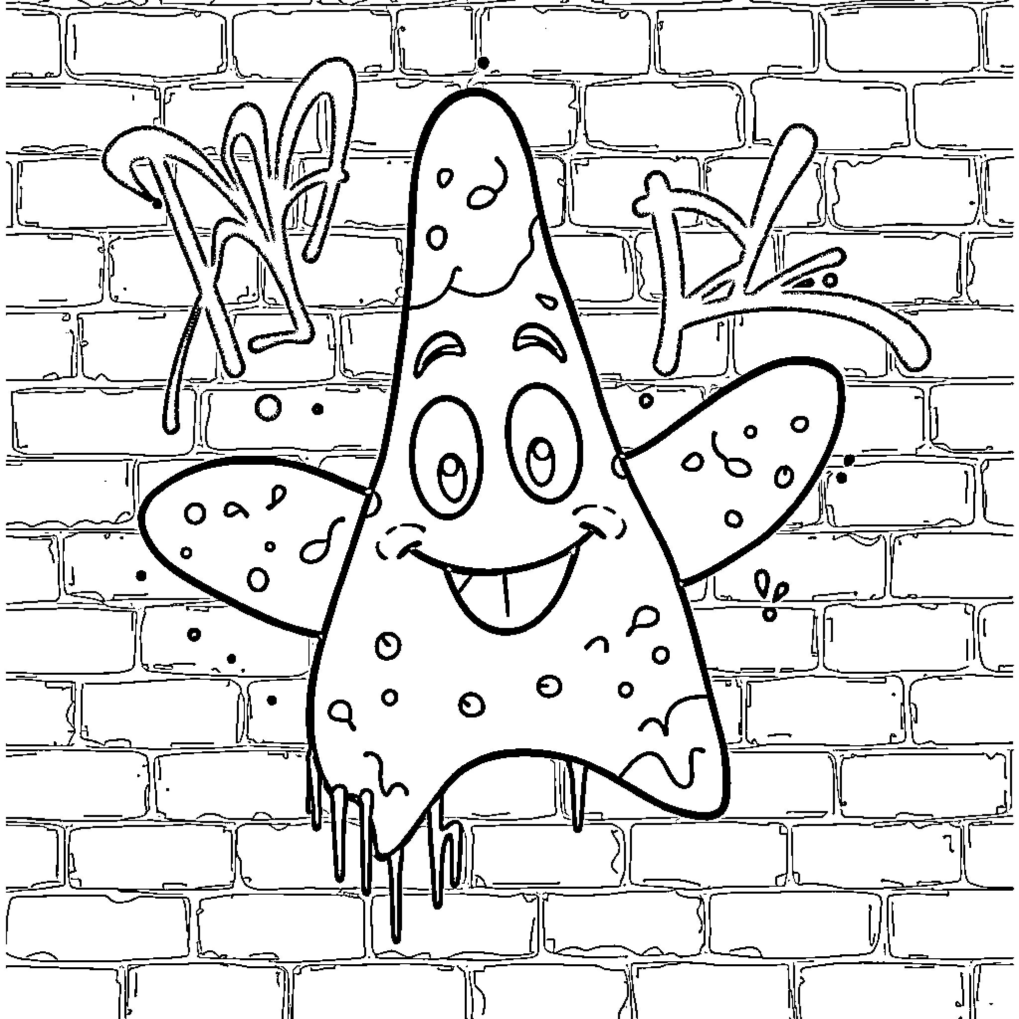 Starfish Graffiti on Brick Wall Coloring Page (free black-and-white line drawing printable PDF for all, from beginners to advanced learners, including children, teens, adults, and seniors)
