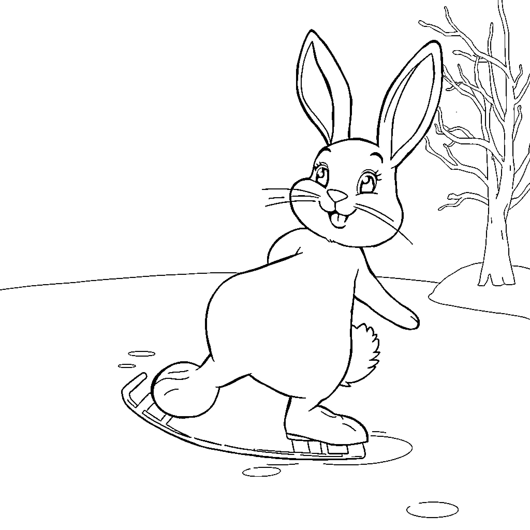 Rabbit enjoying a winter day on ice skates Coloring Page (free black-and-white line drawing printable PDF for all, from beginners to advanced learners, including children, teens, adults, and seniors)