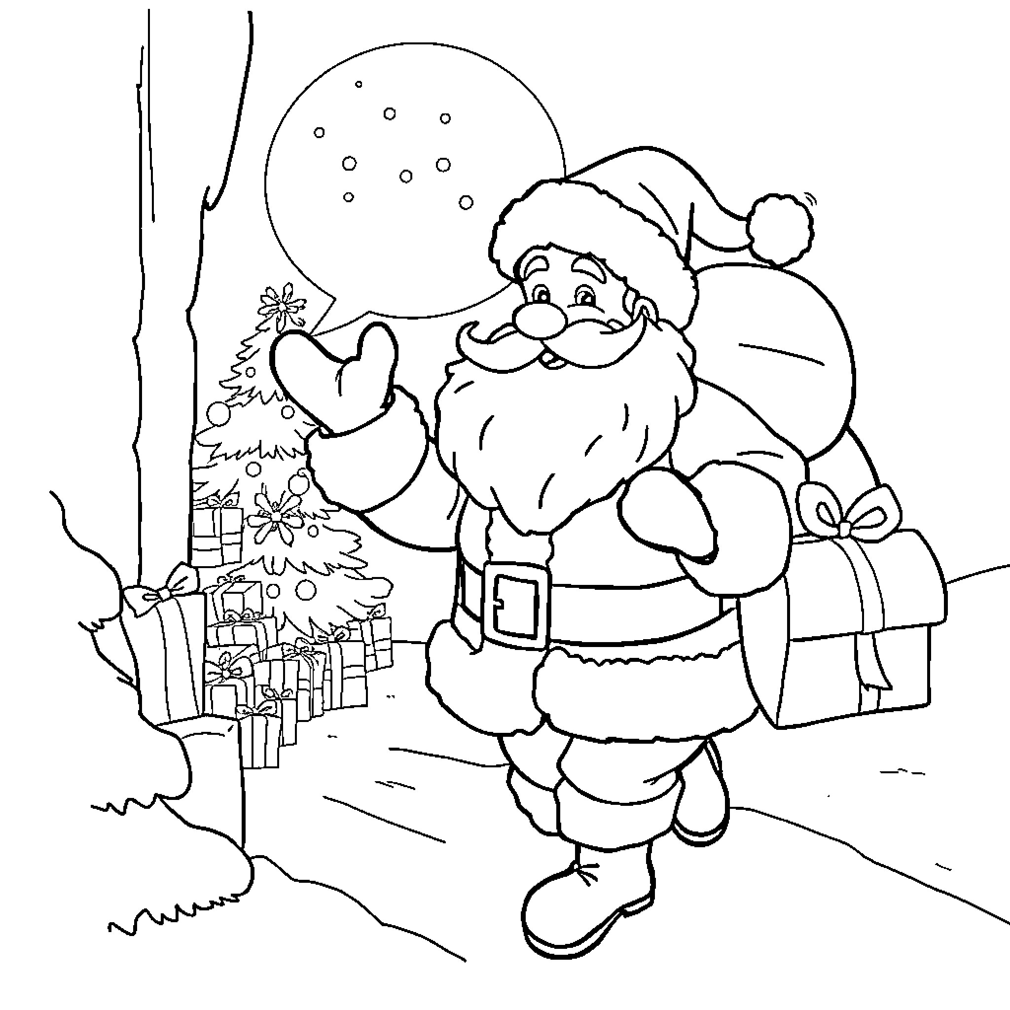 Santa carrying gifts near Christmas tree Coloring Page (free black-and-white line drawing printable PDF for all, from beginners to advanced learners, including children, teens, adults, and seniors)