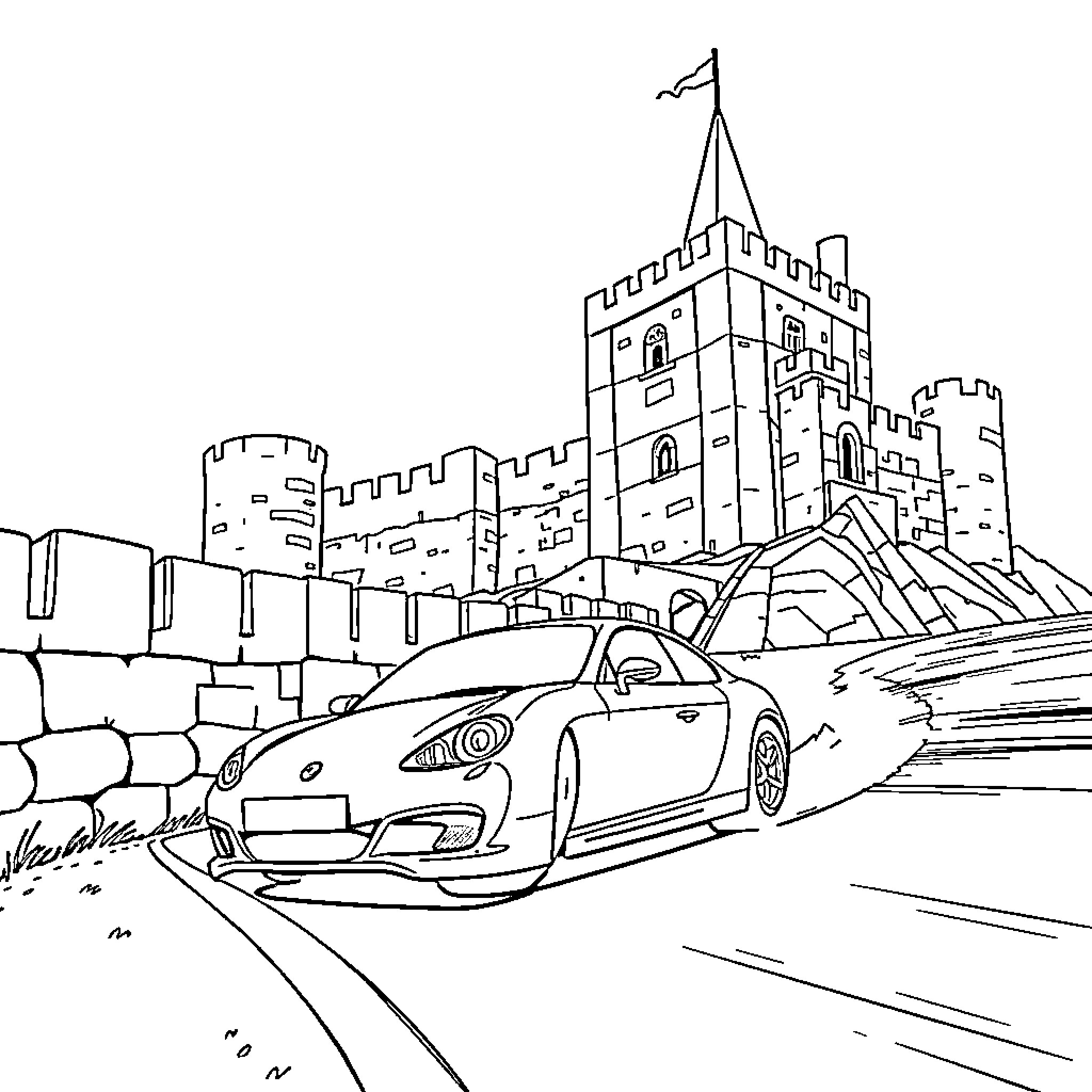 Car speeding past medieval castle Coloring Page (free black-and-white line drawing printable PDF for all, from beginners to advanced learners, including children, teens, adults, and seniors)