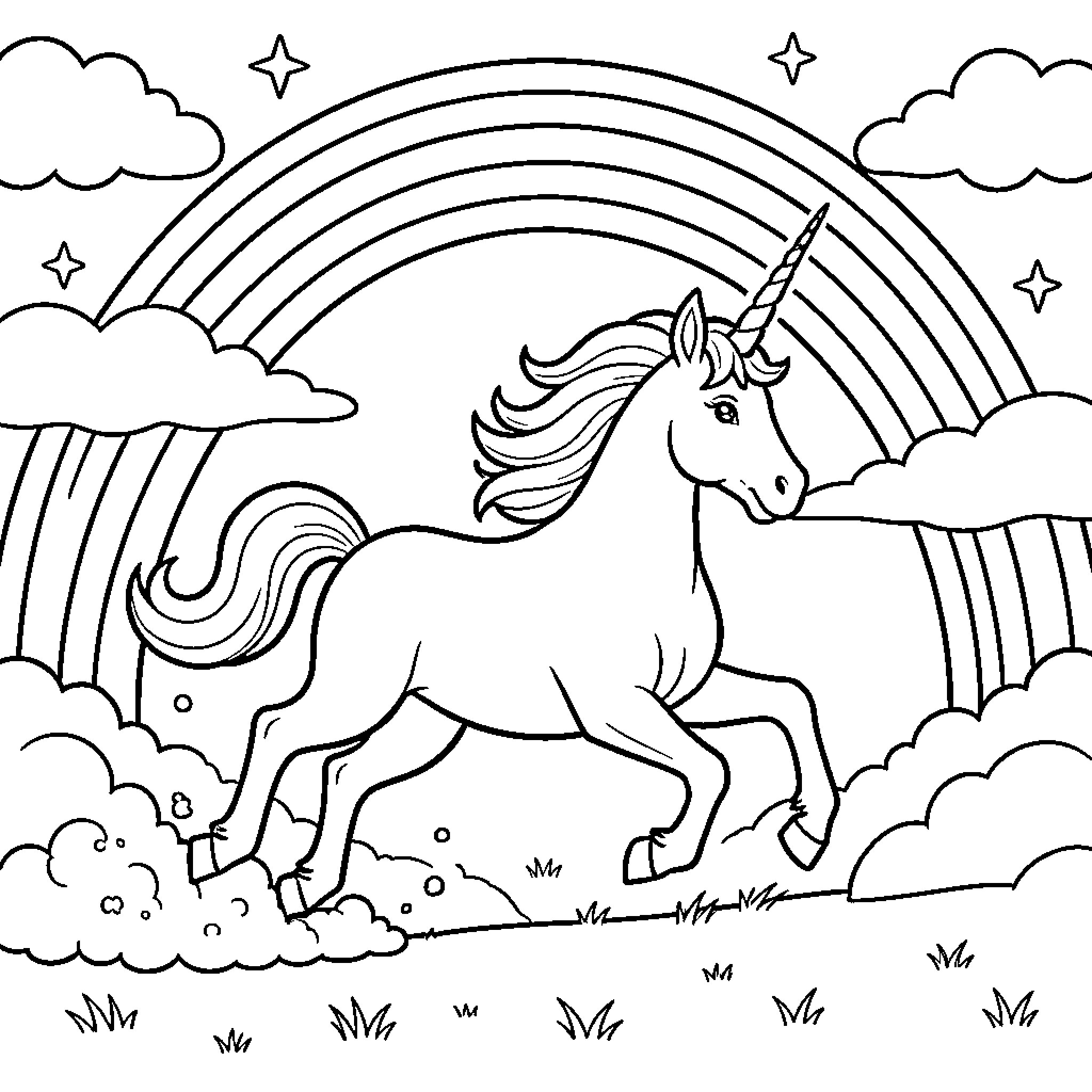 Unicorn galloping joyfully in front of a rainbow Coloring Page (free black-and-white line drawing printable PDF for all, from beginners to advanced learners, including children, teens, adults, and seniors)