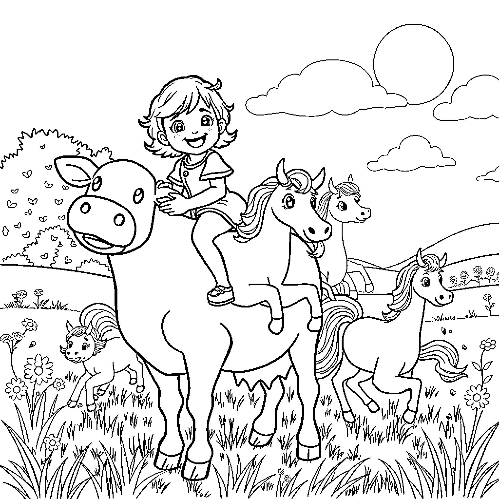 Toddler riding on a pony in a field with animals Coloring Page (free black-and-white line drawing printable PDF for all, from beginners to advanced learners, including children, teens, adults, and seniors)