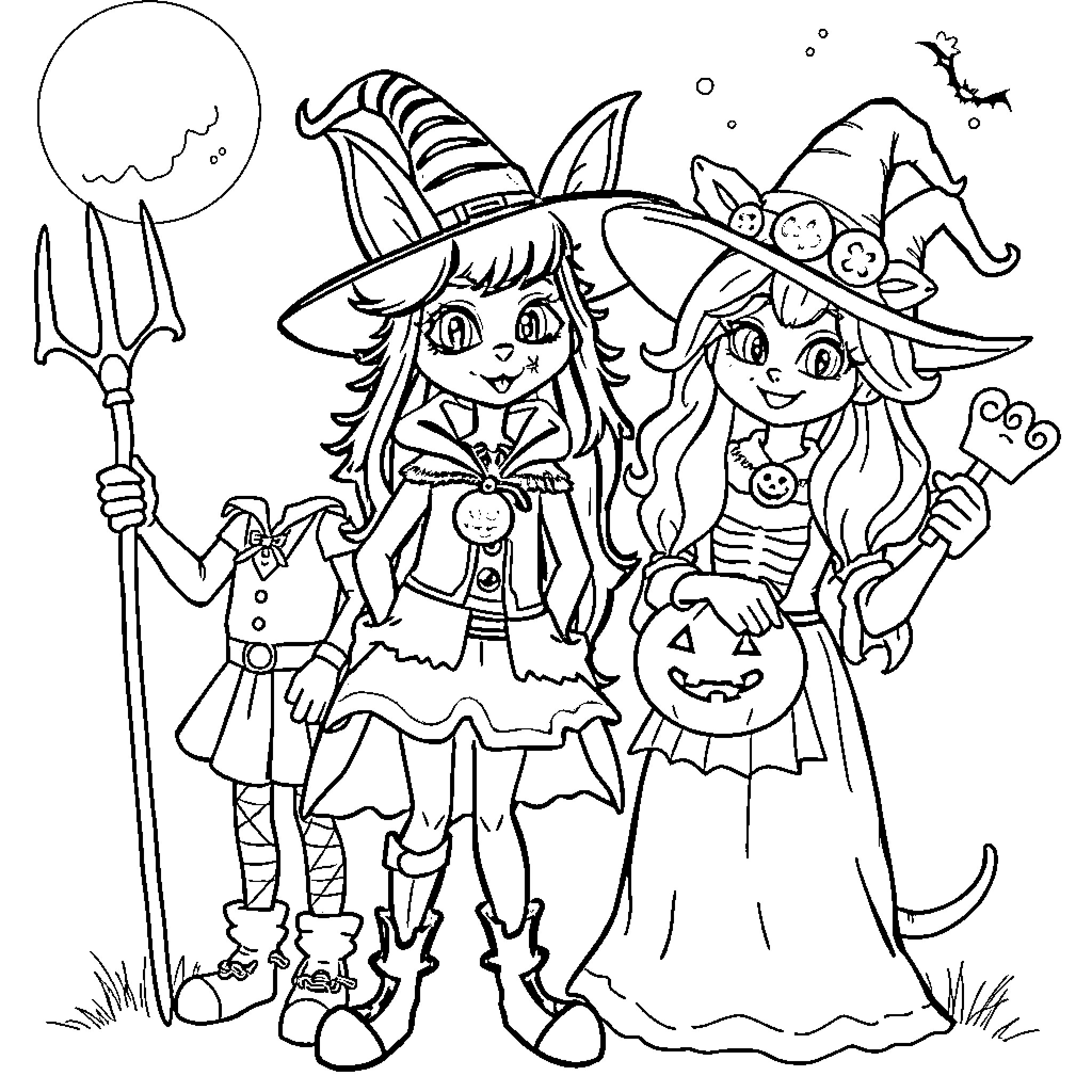 Huntrix Halloween Goblins in Festive Attire Coloring Page (free black-and-white line drawing printable PDF for all, from beginners to advanced learners, including children, teens, adults, and seniors)