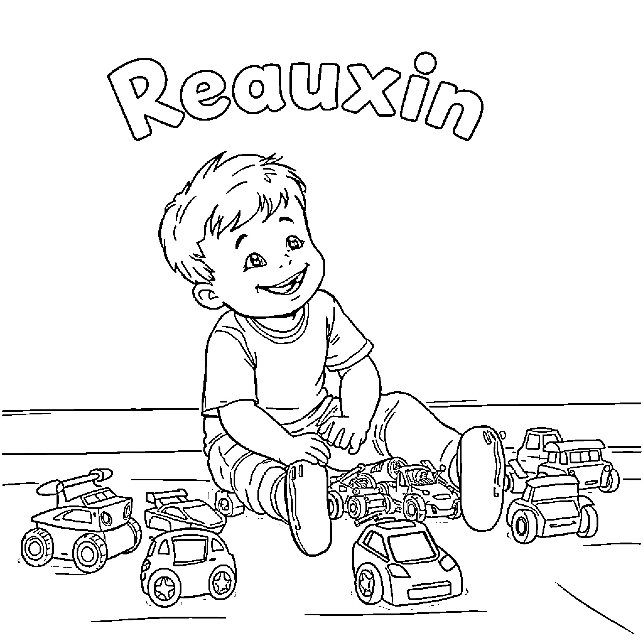 Boy playing joyfully with toy vehicles Coloring Page (free black-and-white line drawing printable PDF for all, from beginners to advanced learners, including children, teens, adults, and seniors)