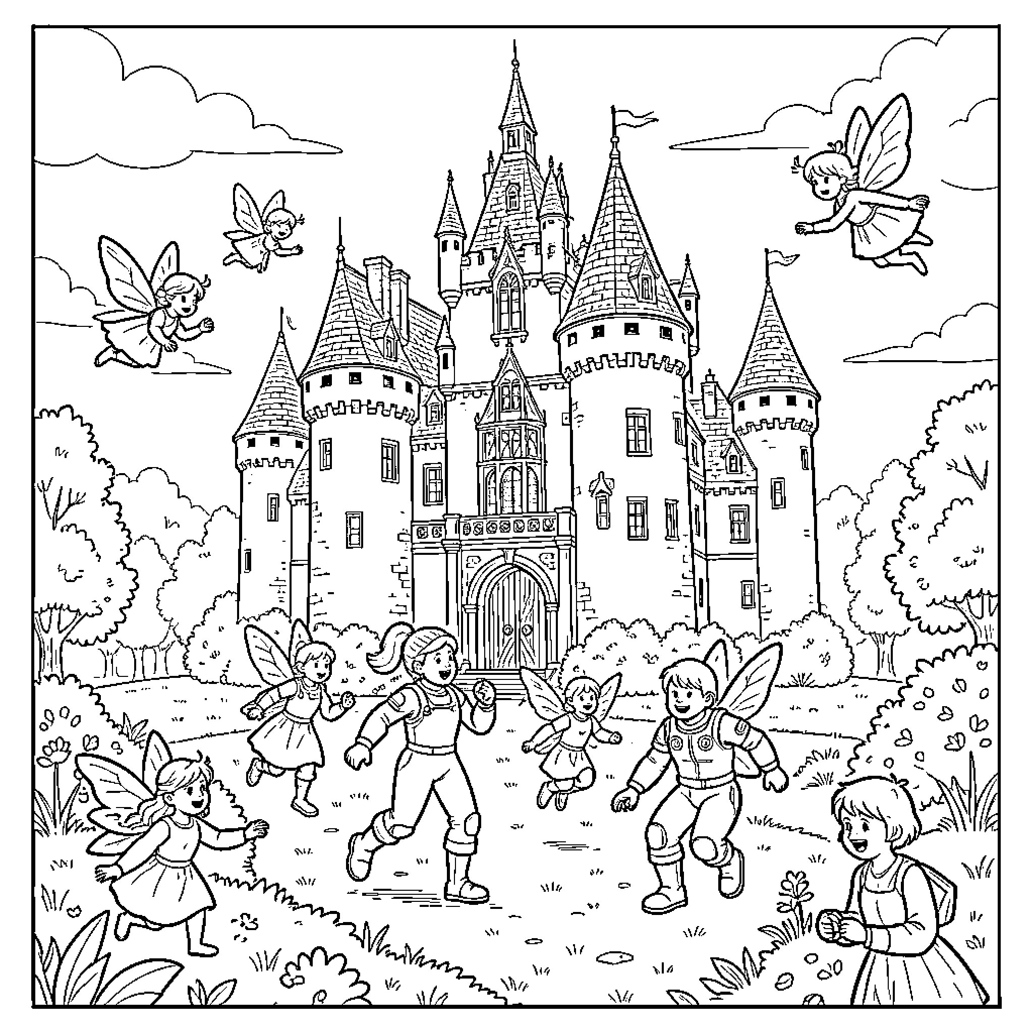Octonaut fairies playing joyfully in front of a castle Coloring Page (free black-and-white line drawing printable PDF for all, from beginners to advanced learners, including children, teens, adults, and seniors)