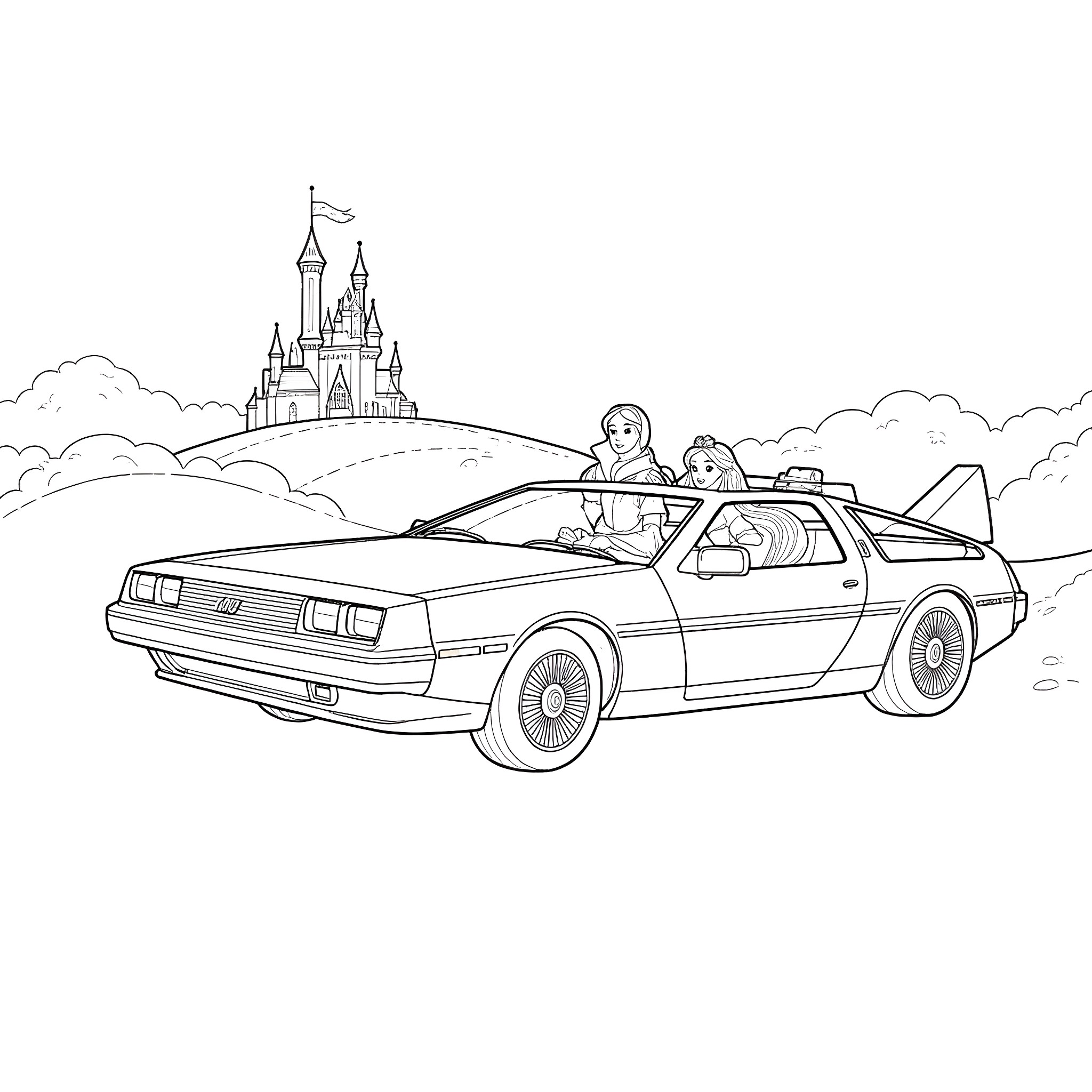 Snow White's magical journey in a futuristic car Coloring Page (free black-and-white line drawing printable PDF for all, from beginners to advanced learners, including children, teens, adults, and seniors)