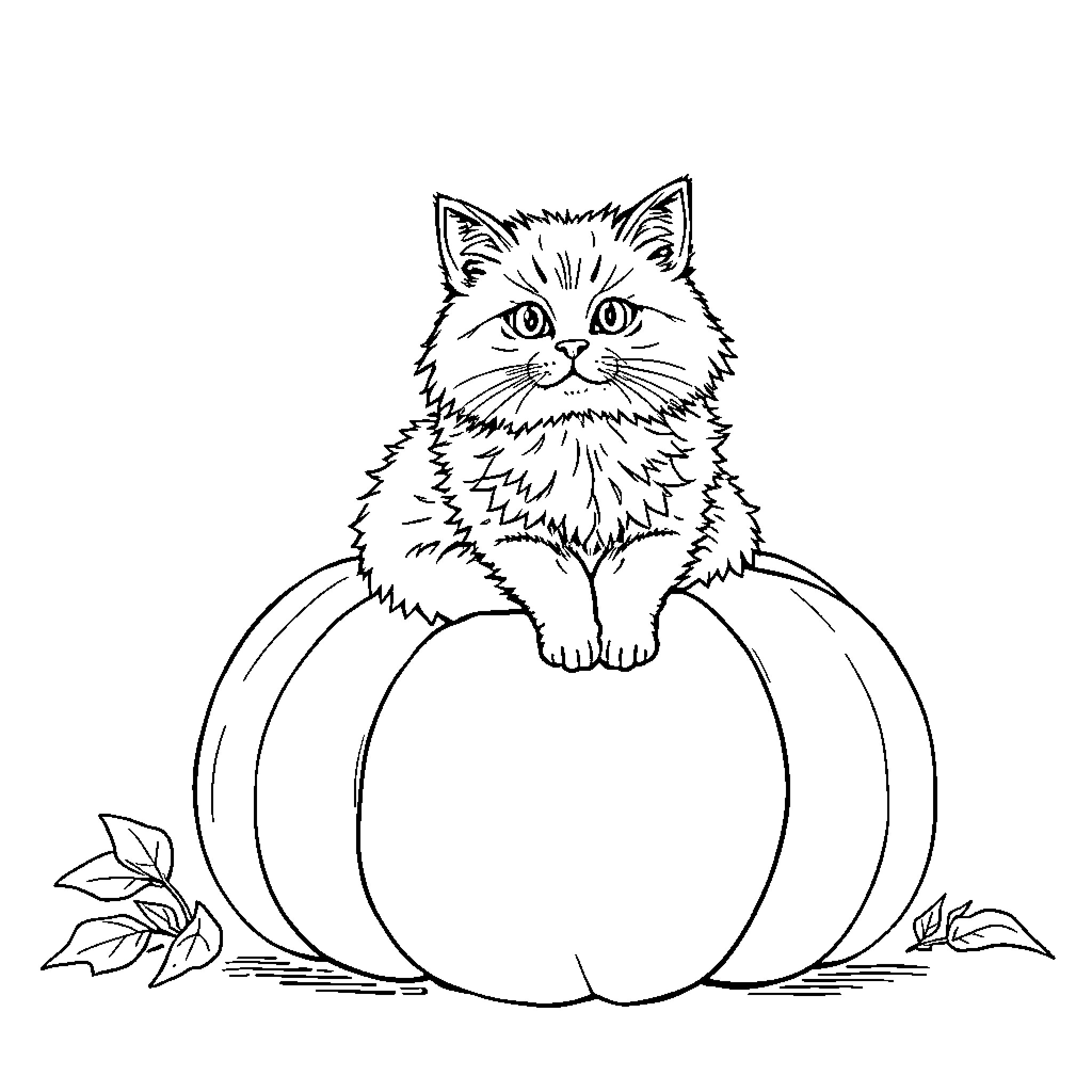 Cat sitting on a pumpkin Coloring Page (free black-and-white line drawing printable PDF for all, from beginners to advanced learners, including children, teens, adults, and seniors)