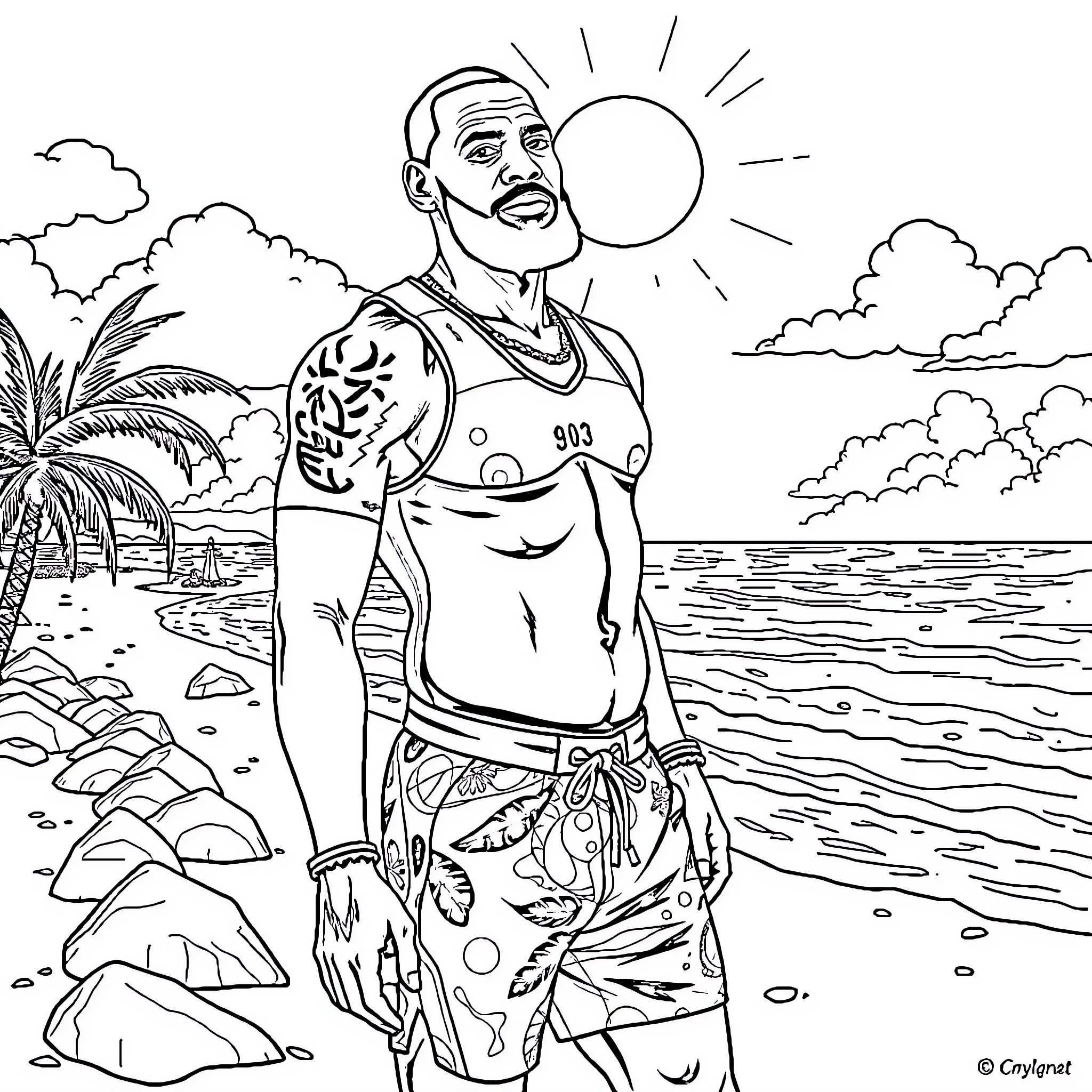 LeBron James enjoying a sunny day at the beach Coloring Page (free black-and-white line drawing printable PDF for all, from beginners to advanced learners, including children, teens, adults, and seniors)