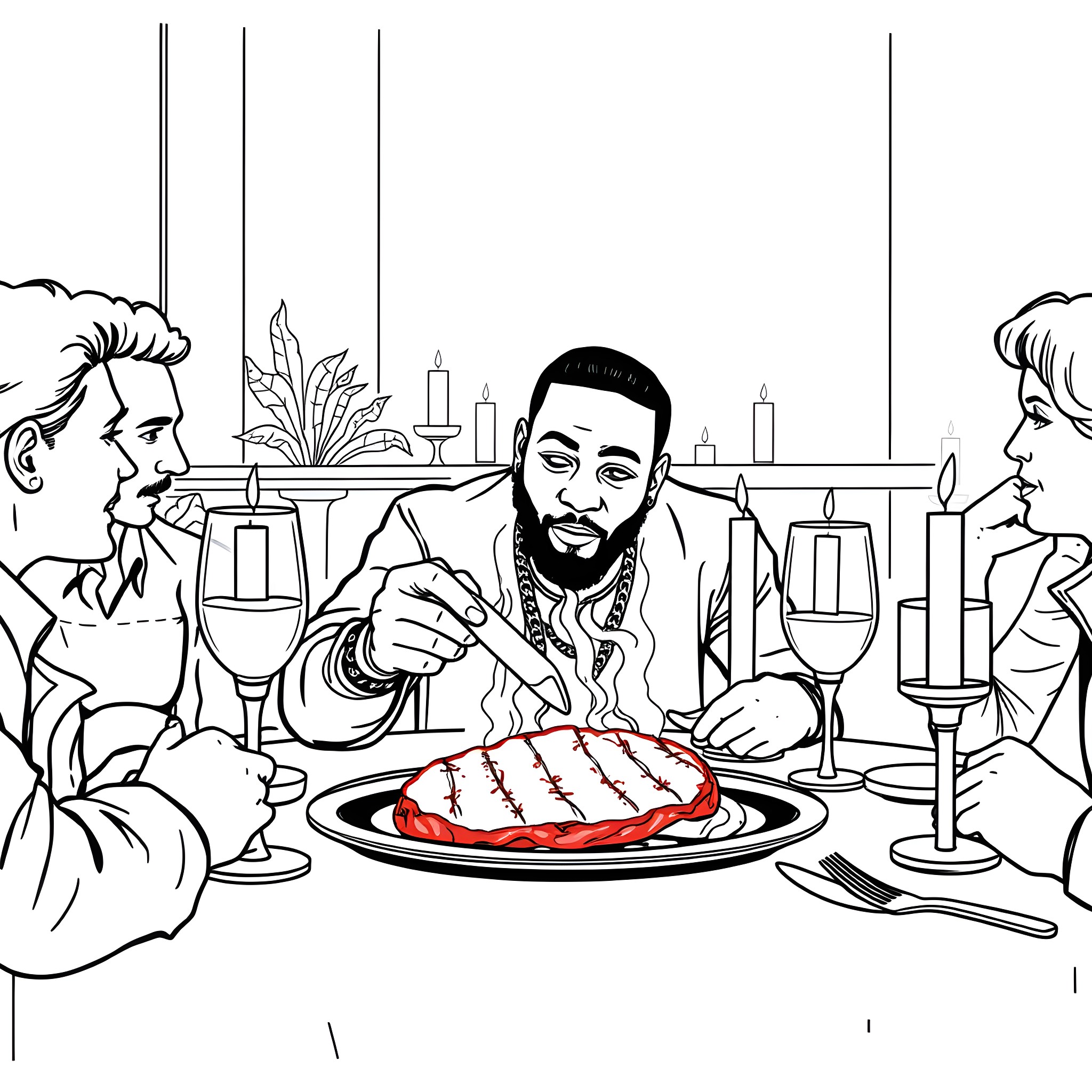 Kendrick Lamar's Elegant Dinner Celebration Coloring Page (free black-and-white line drawing printable PDF for all, from beginners to advanced learners, including children, teens, adults, and seniors)