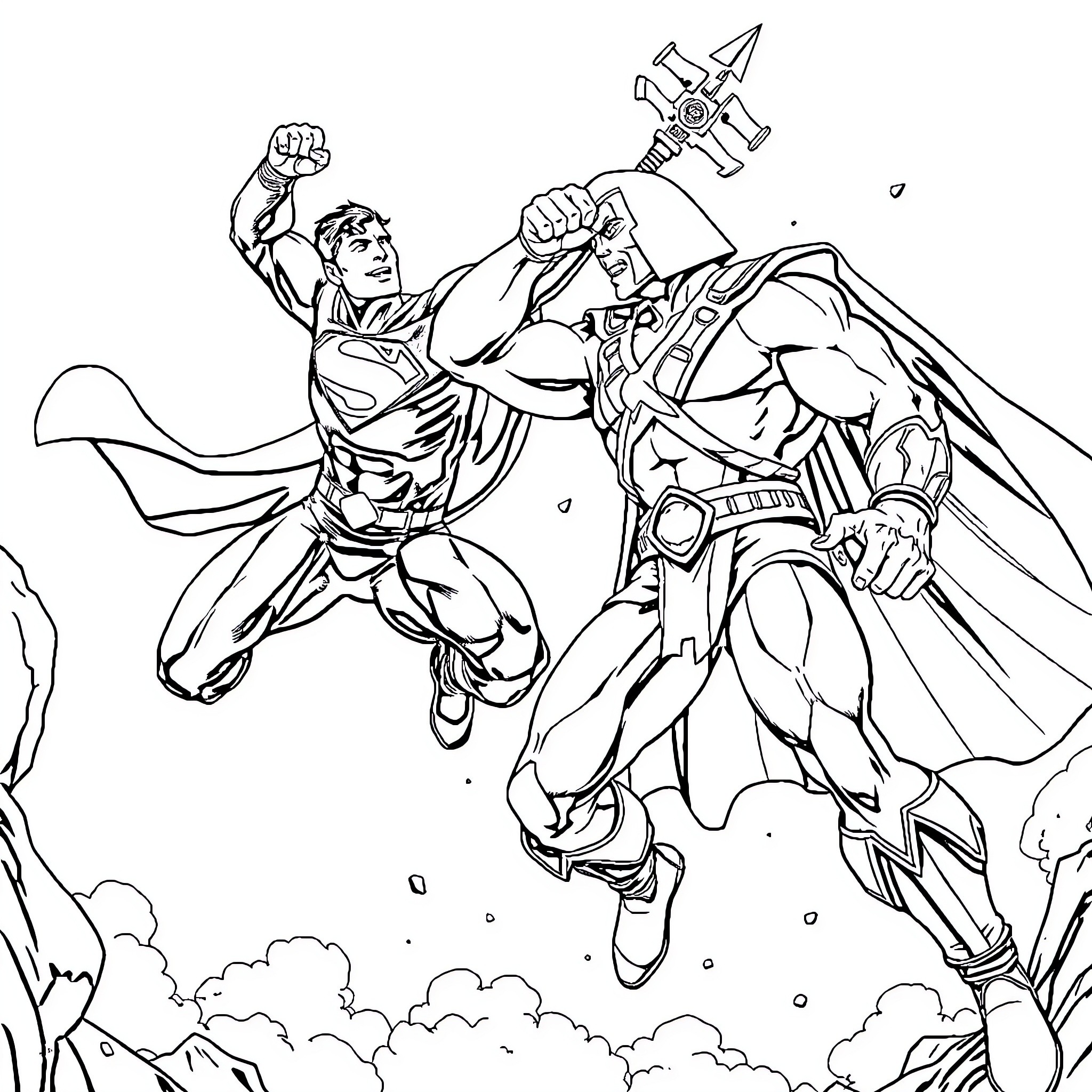 Superman battling a powerful villain in the sky Coloring Page (free black-and-white line drawing printable PDF for all, from beginners to advanced learners, including children, teens, adults, and seniors)