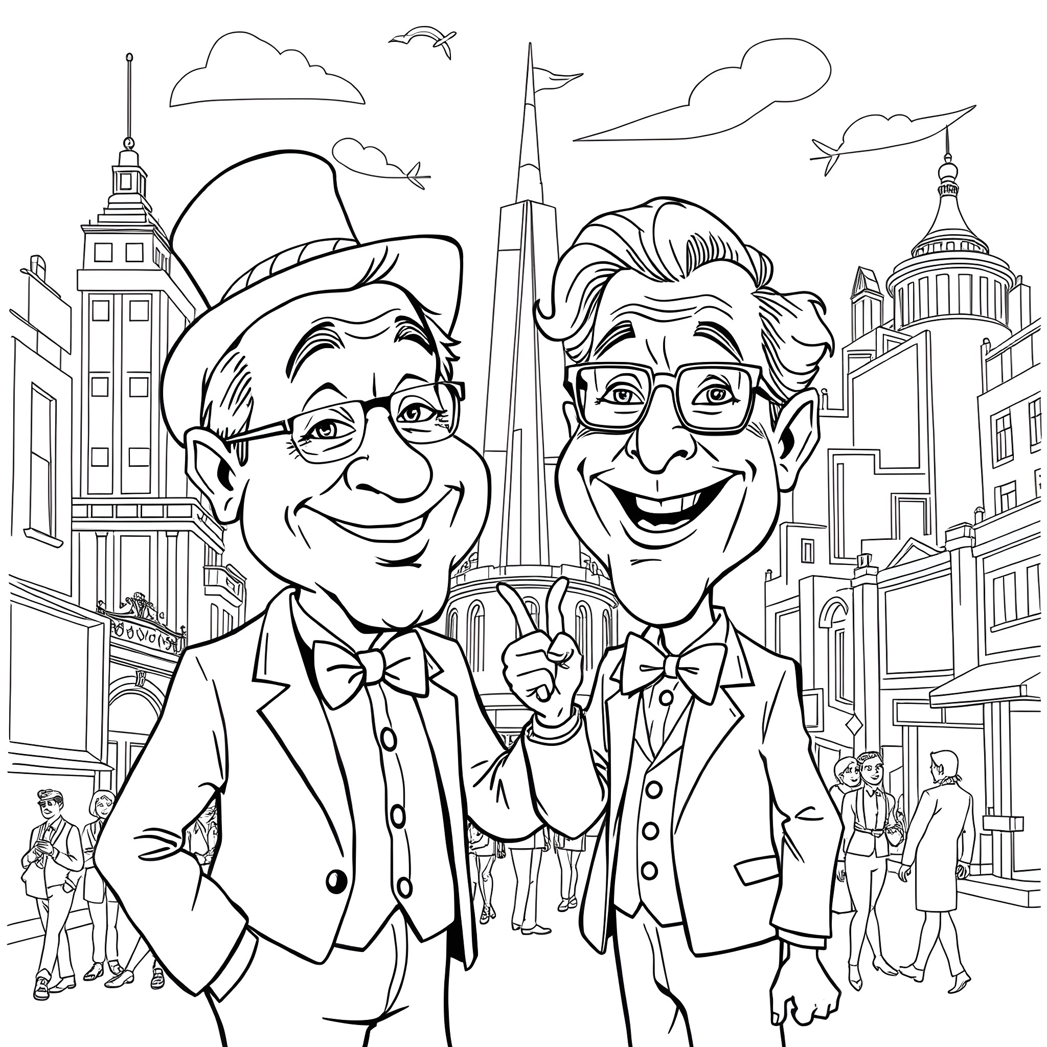 Trump and Friend Smiling Amid Cityscape Coloring Page (free black-and-white line drawing printable PDF for all, from beginners to advanced learners, including children, teens, adults, and seniors)