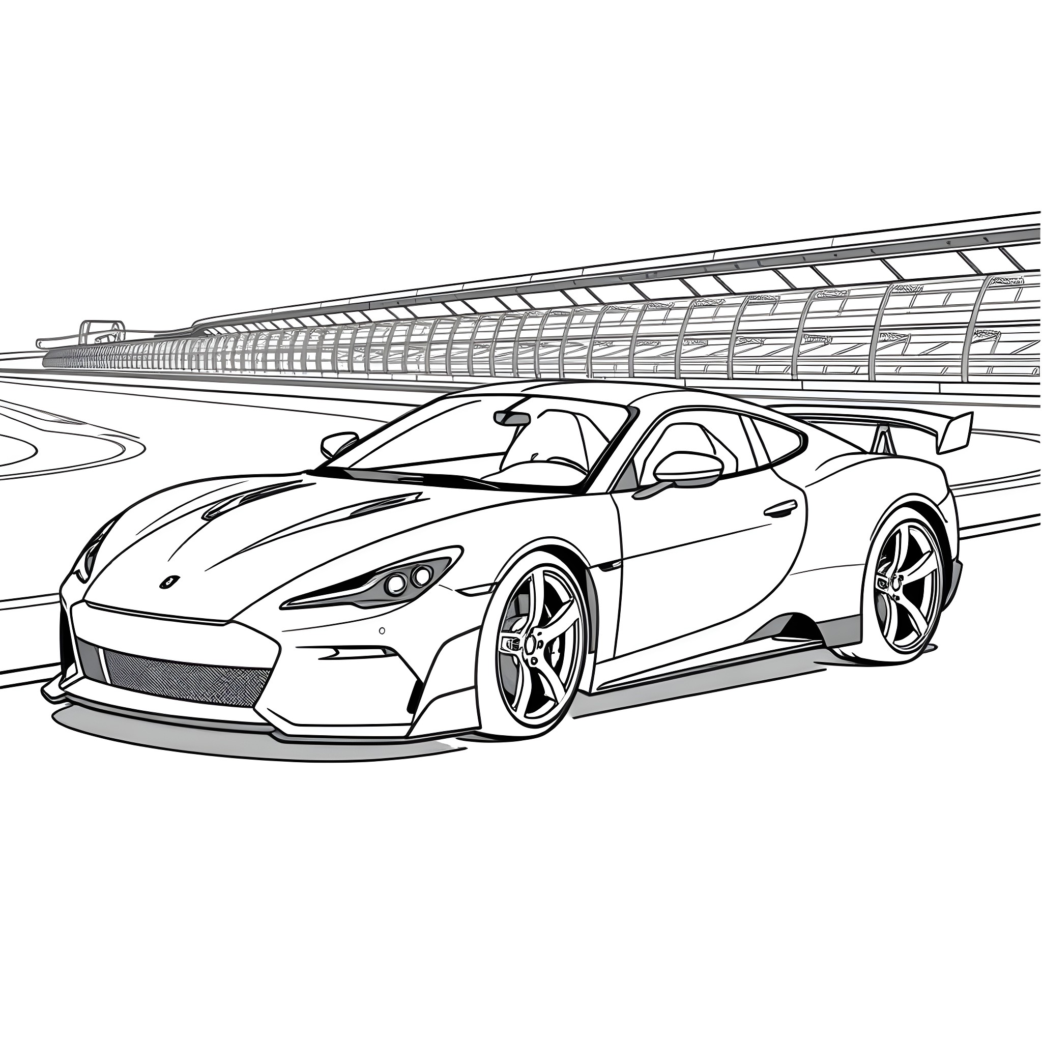 Sports Car on the Race Track Coloring Page (free black-and-white line drawing printable PDF for all, from beginners to advanced learners, including children, teens, adults, and seniors)