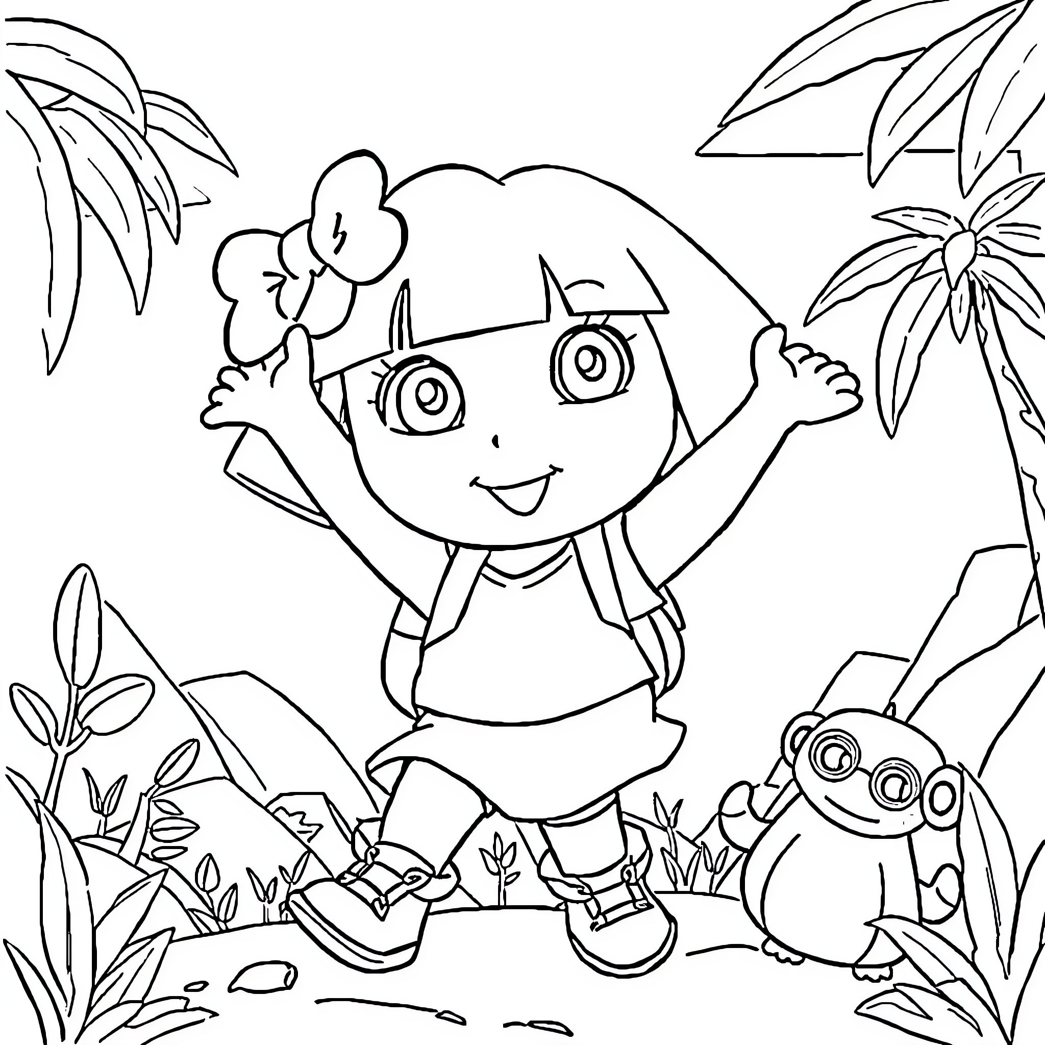 Dora exploring the jungle with her animal friends Coloring Page (free black-and-white line drawing printable PDF for all, from beginners to advanced learners, including children, teens, adults, and seniors)