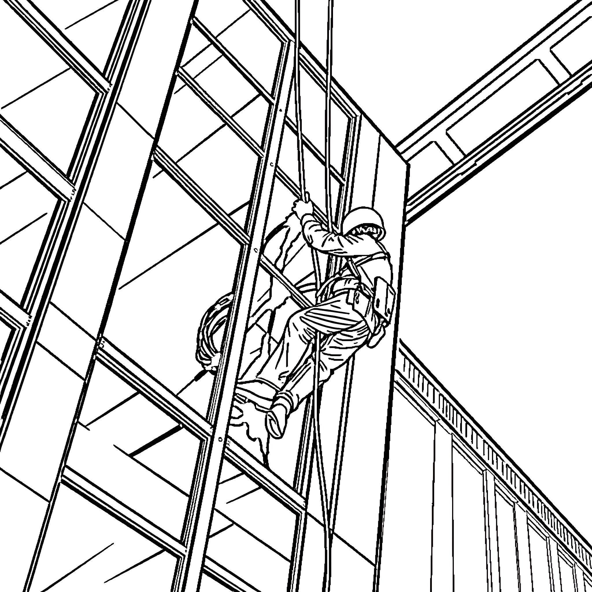 Rope Access Technician Performing Maintenance on Scaffolding Coloring Page (free black-and-white line drawing printable PDF for all, from beginners to advanced learners, including children, teens, adults, and seniors)