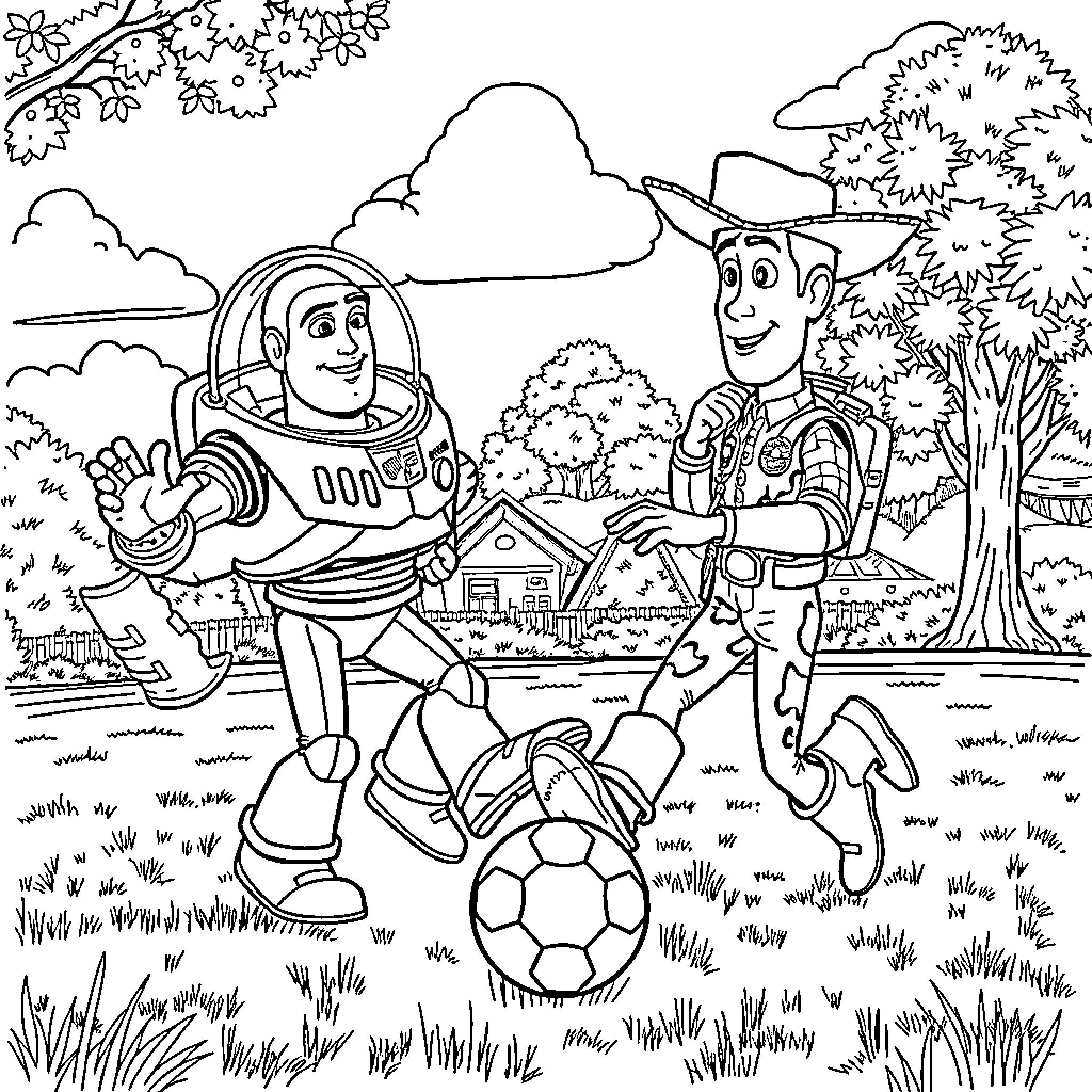 Buzz and Woody playing soccer in a park scene Coloring Page (free black-and-white line drawing printable PDF for all, from beginners to advanced learners, including children, teens, adults, and seniors)