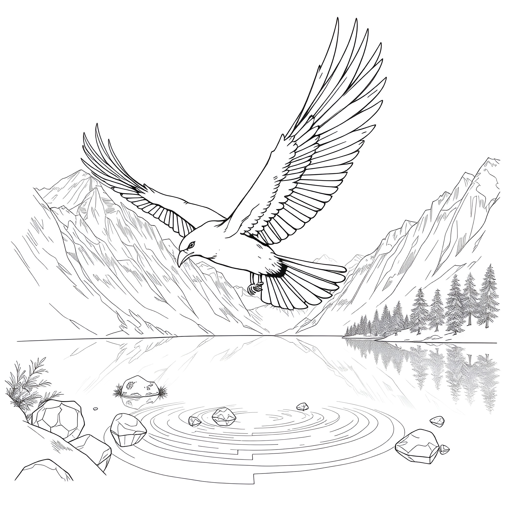 Thunderbird soaring over a serene mountain landscape Coloring Page (free black-and-white line drawing printable PDF for all, from beginners to advanced learners, including children, teens, adults, and seniors)
