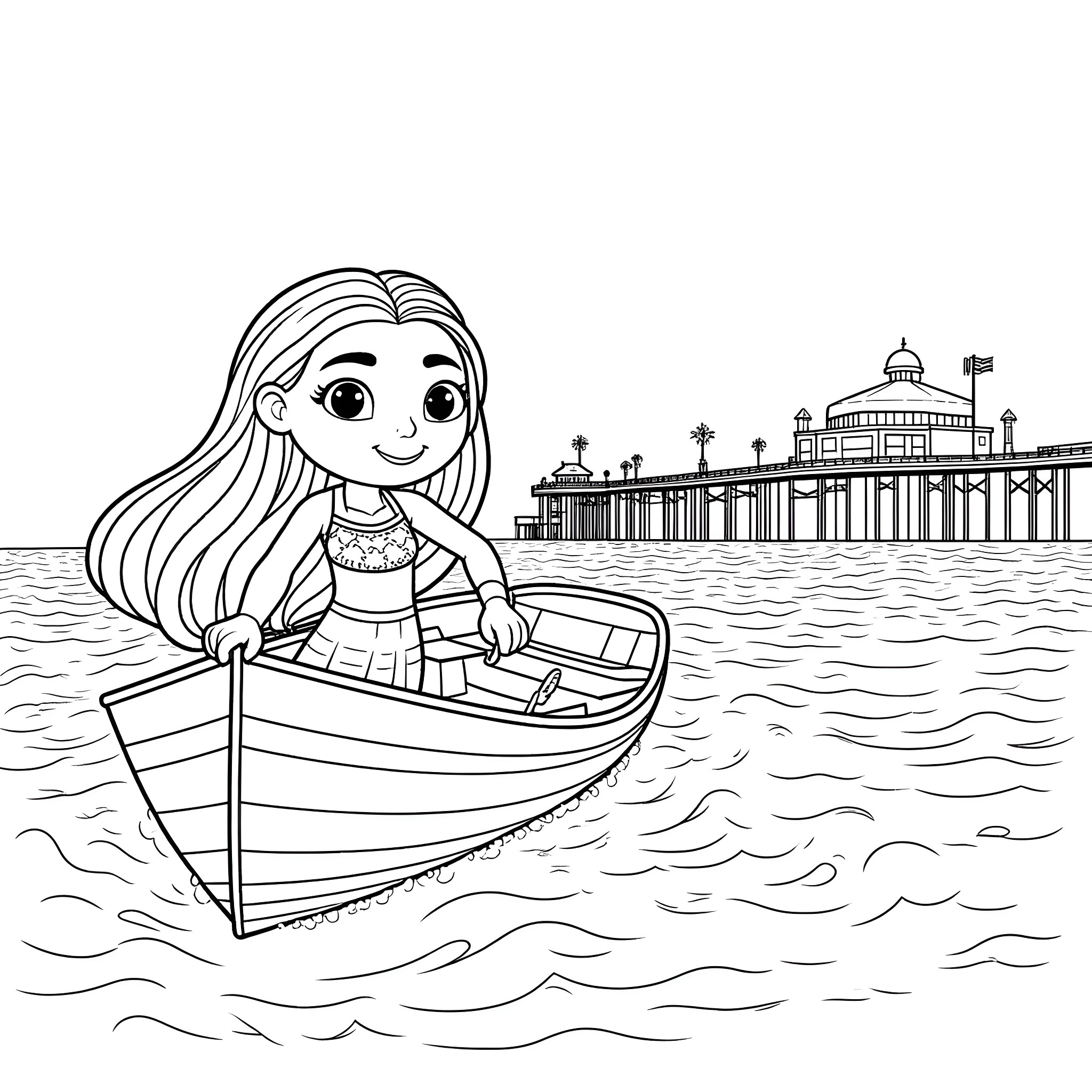 Moana rowing a boat near a coastal pier Coloring Page (free black-and-white line drawing printable PDF for all, from beginners to advanced learners, including children, teens, adults, and seniors)