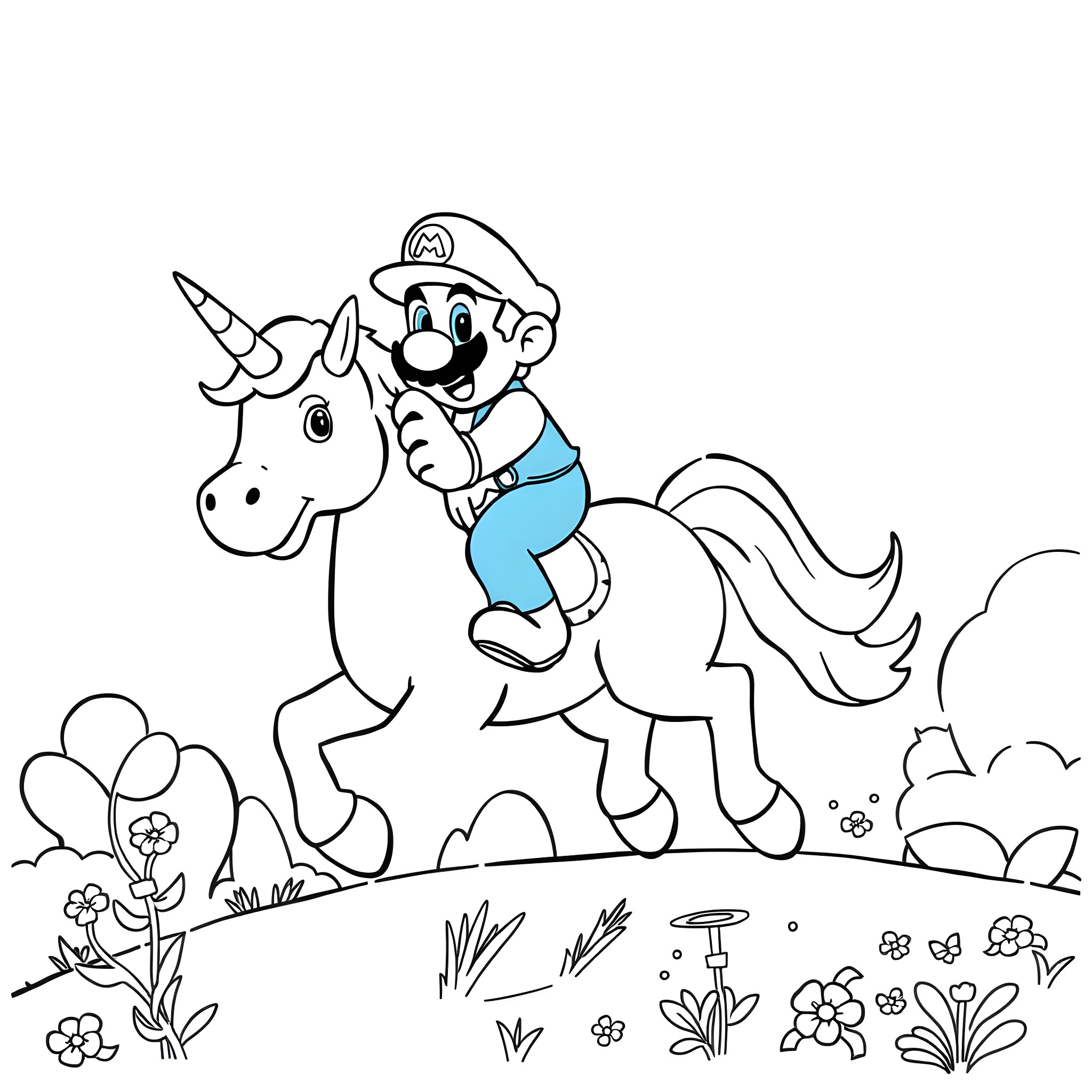 Super Mario riding a unicorn in a magical garden Coloring Page (free black-and-white line drawing printable PDF for all, from beginners to advanced learners, including children, teens, adults, and seniors)