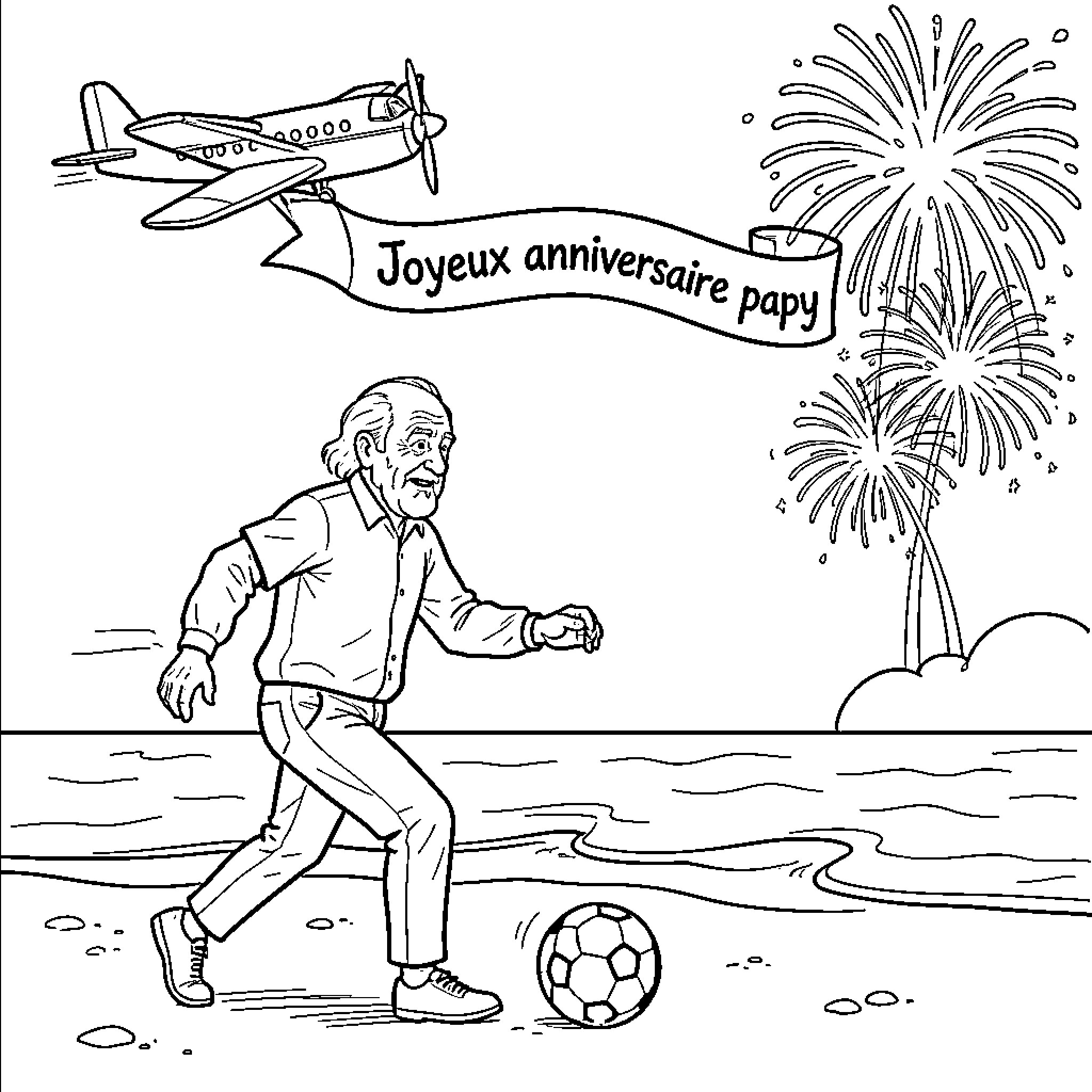 Homme jouant au football sur la plage Coloring Page (free black-and-white line drawing printable PDF for all, from beginners to advanced learners, including children, teens, adults, and seniors)